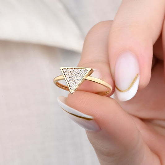 14K Yellow Gold Pavé Zirconia Triangle Ring