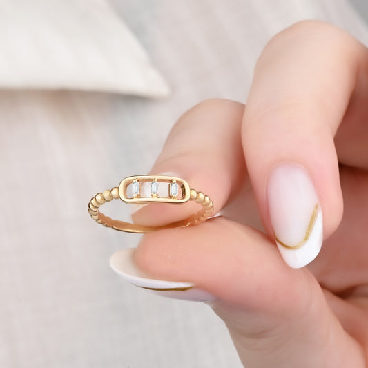 14K Yellow Gold Beaded Band Ring with Three Baguette Zirconia