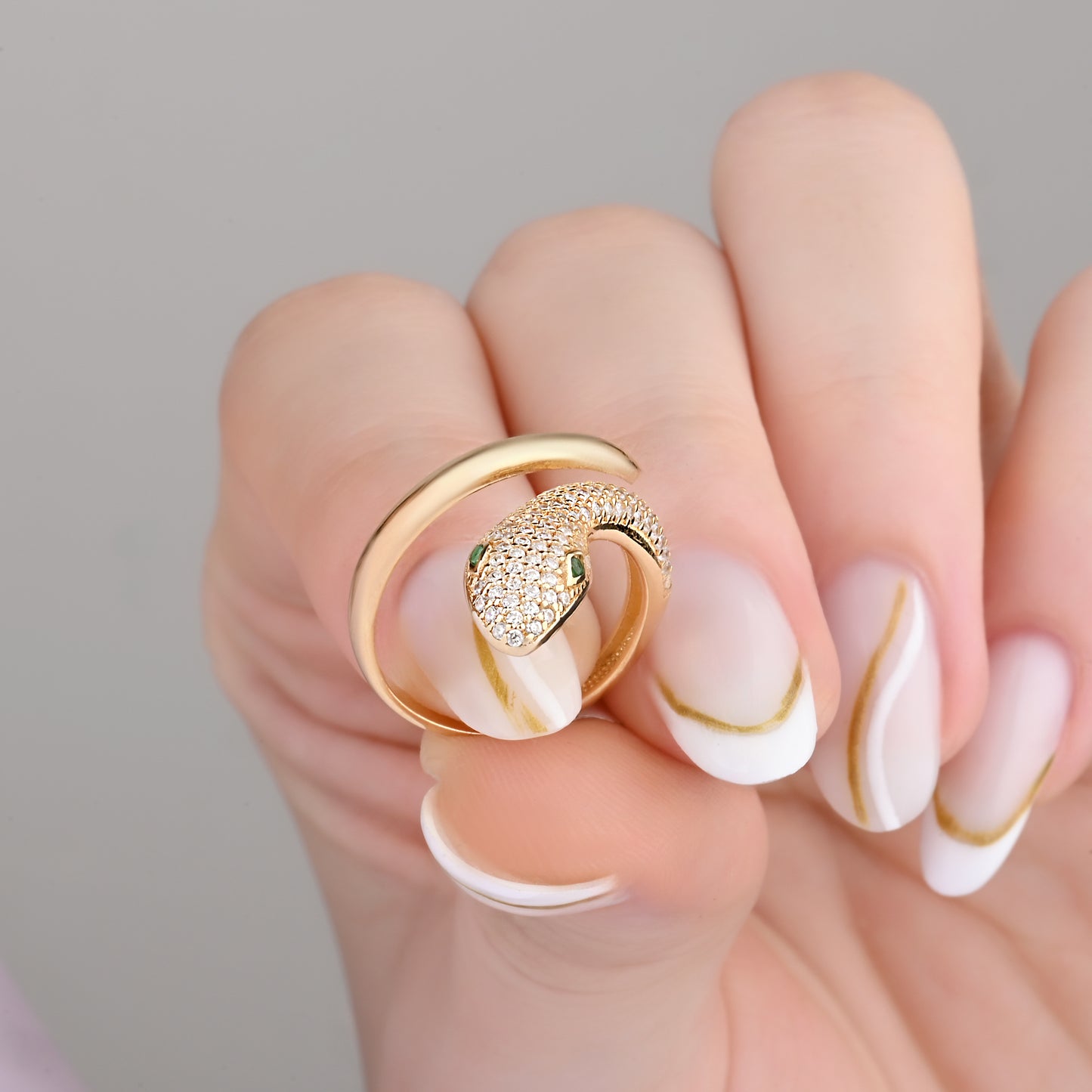 14K Yellow Gold Pave Zirconia Snake Ring with Emerald Eyes