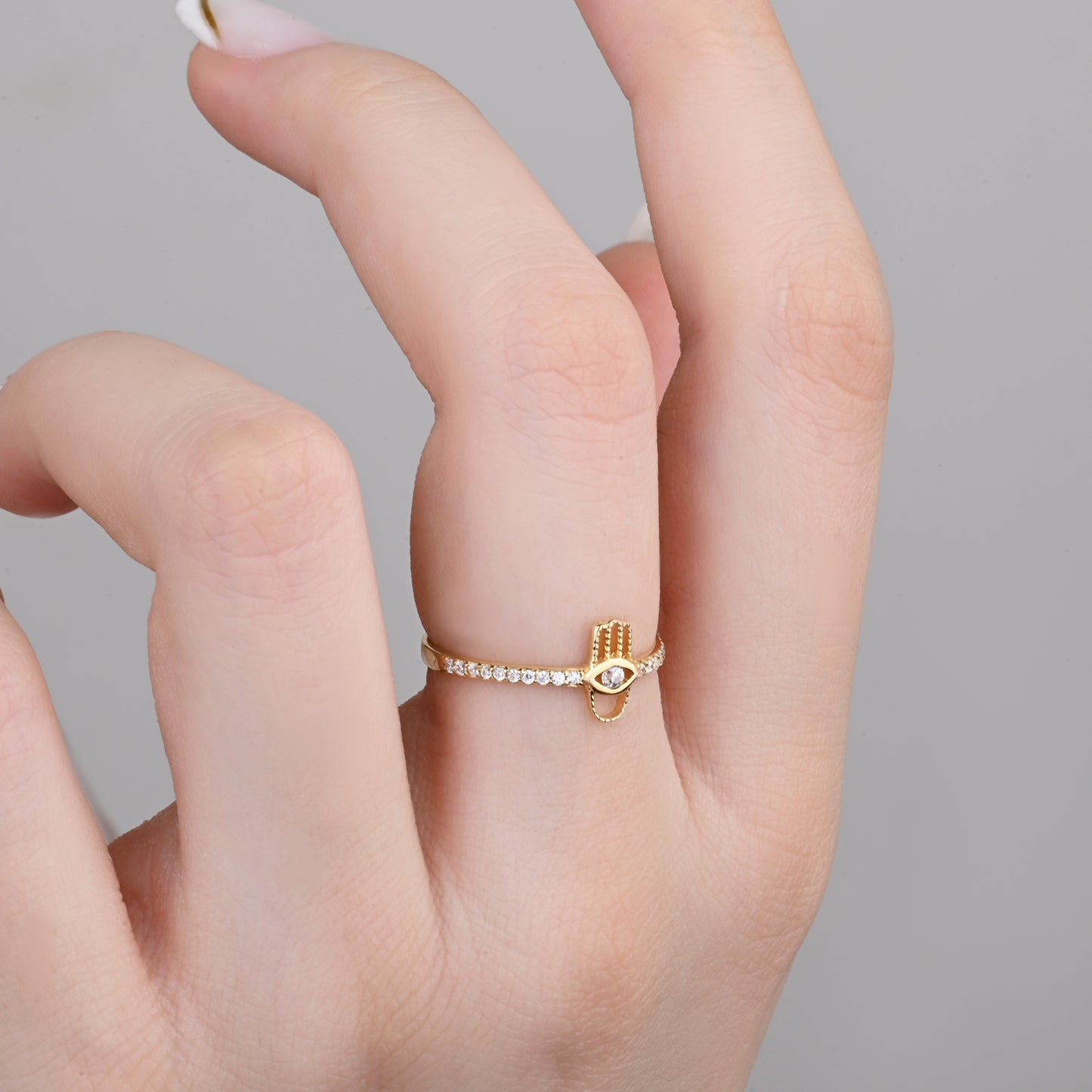 Hamsa Pave CZ 14K Gold Ring