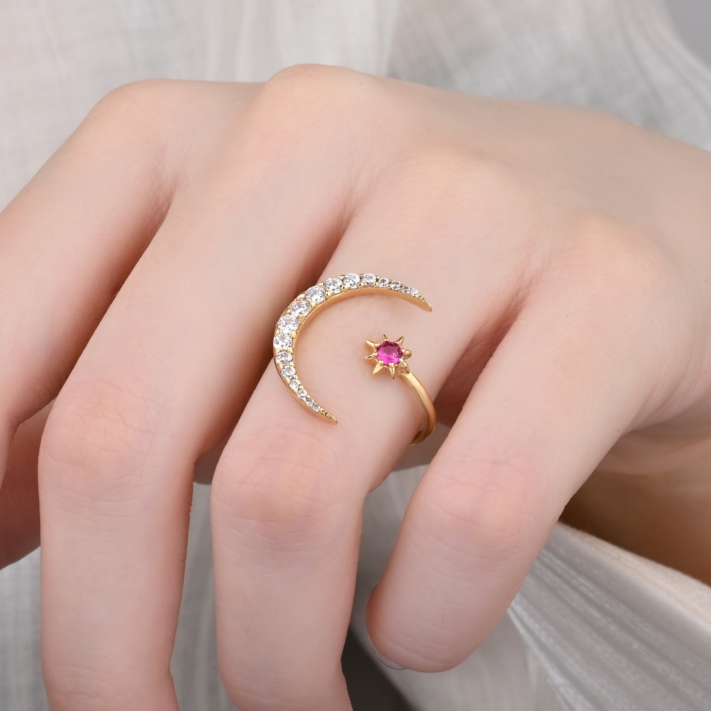 Crescent Ruby Accent CZ Ring in 14K Gold