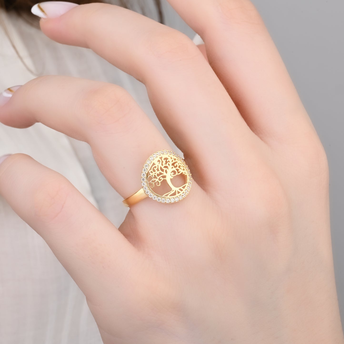 Tree of Life CZ-Encrusted 14K Gold Ring