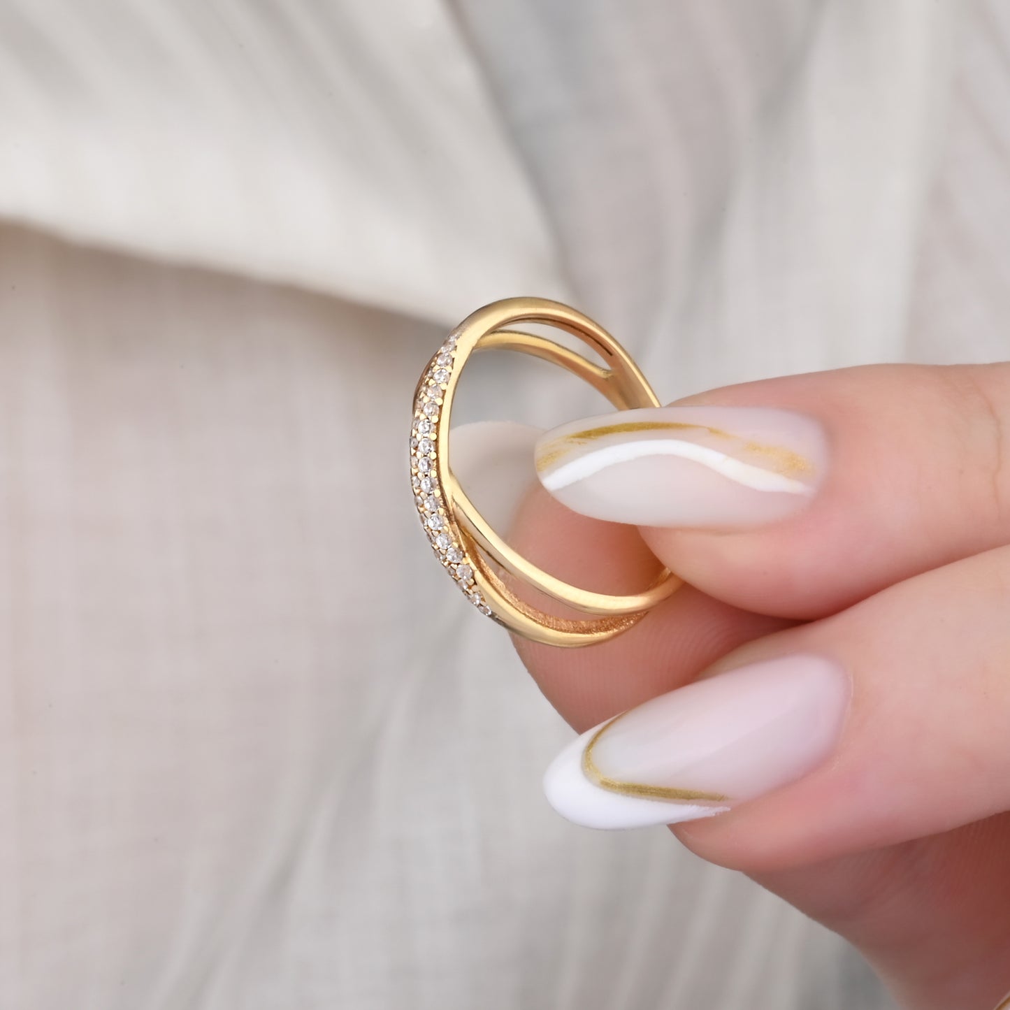 Pave-Set CZ Twisted Band Ring in 14K Gold