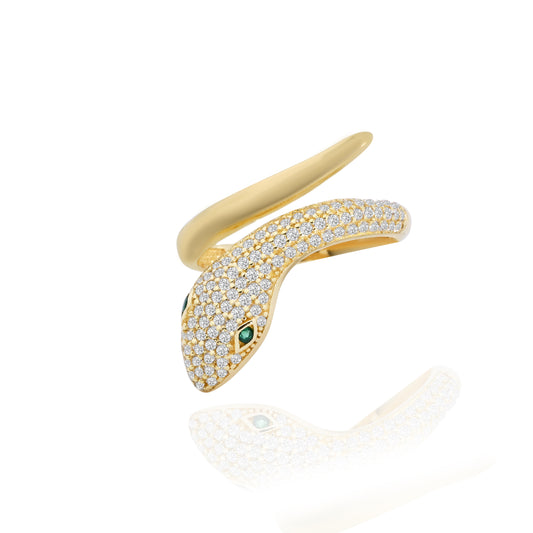 14K Yellow Gold Pave Zirconia Snake Ring with Emerald Eyes