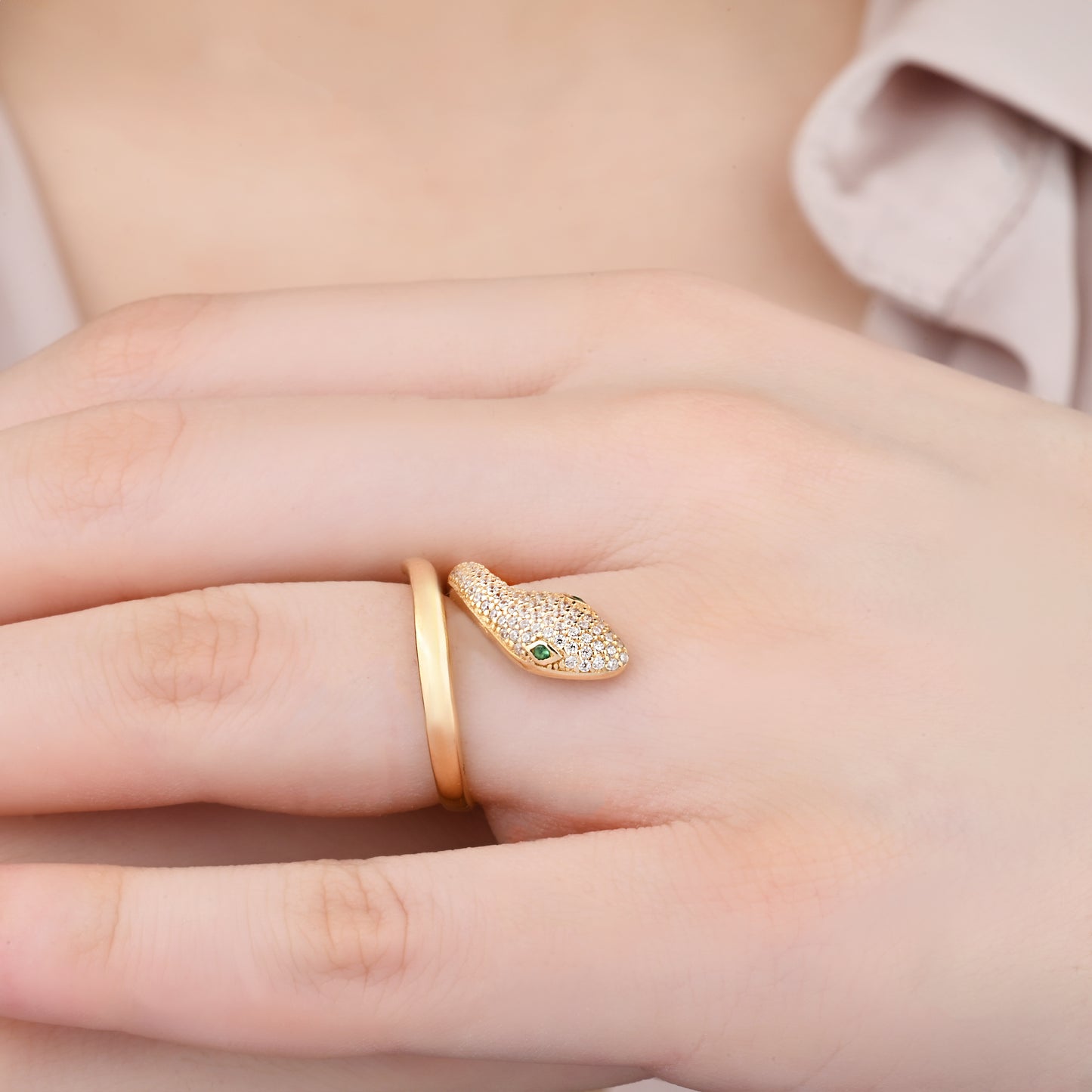 14K Yellow Gold Pave Zirconia Snake Ring with Emerald Eyes