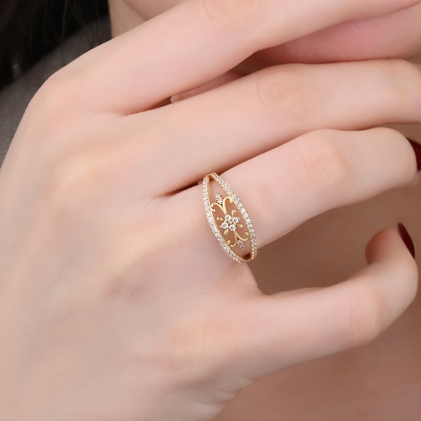 Floral CZ Vintage Ring in 14K Gold