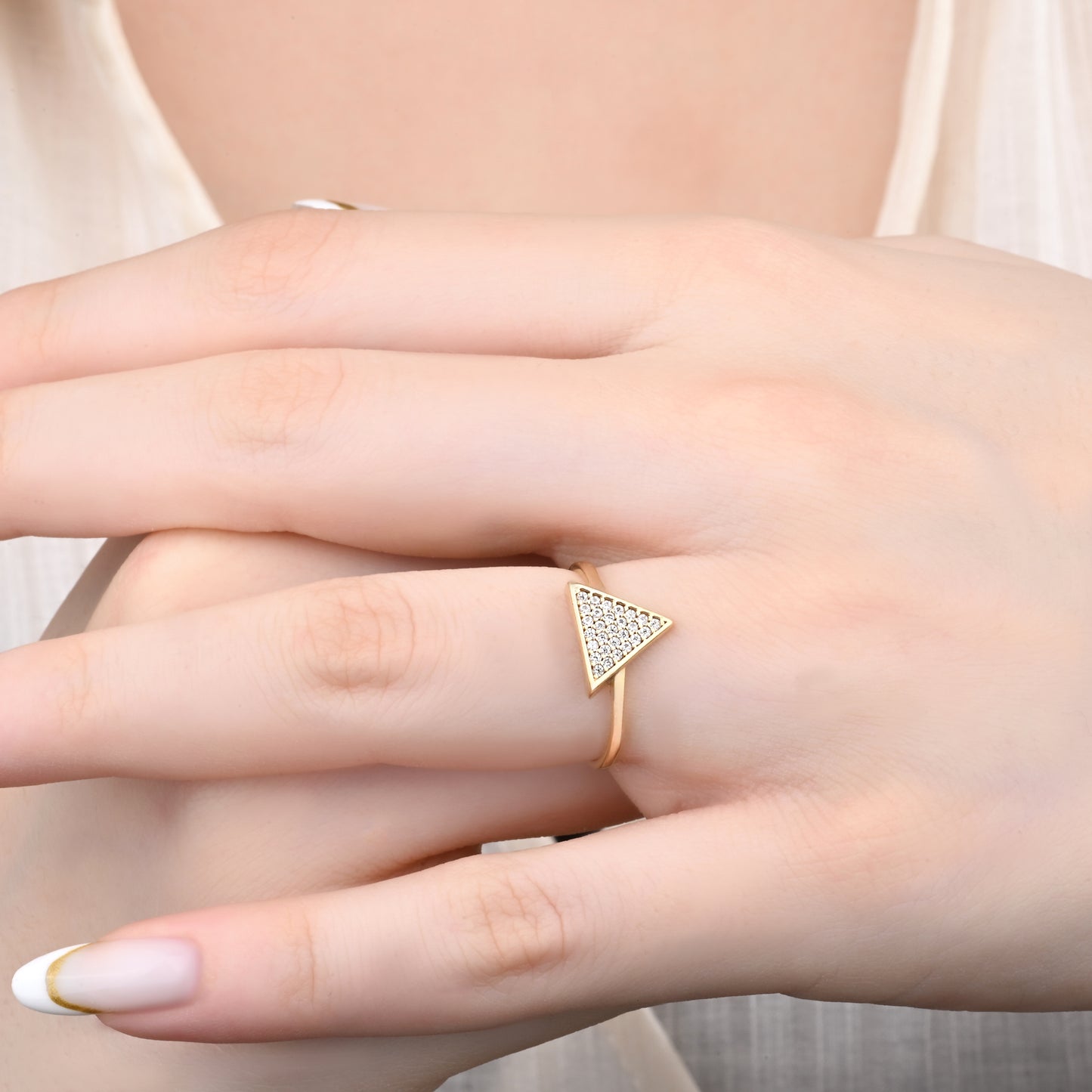 14K Yellow Gold Pavé Zirconia Triangle Ring