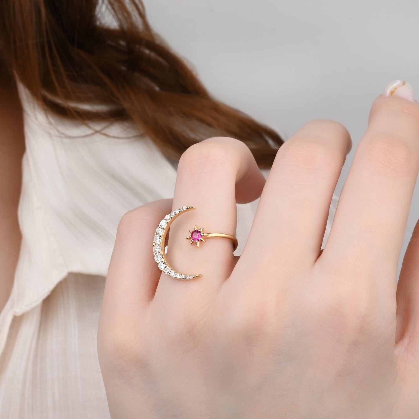 Crescent Ruby Accent CZ Ring in 14K Gold
