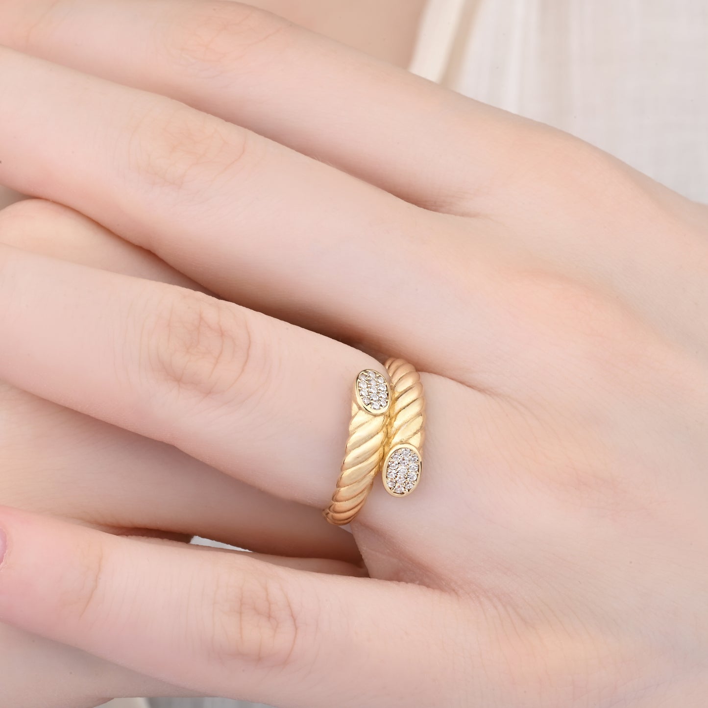 Twisted Pave CZ Grooved Ring in 14K Gold