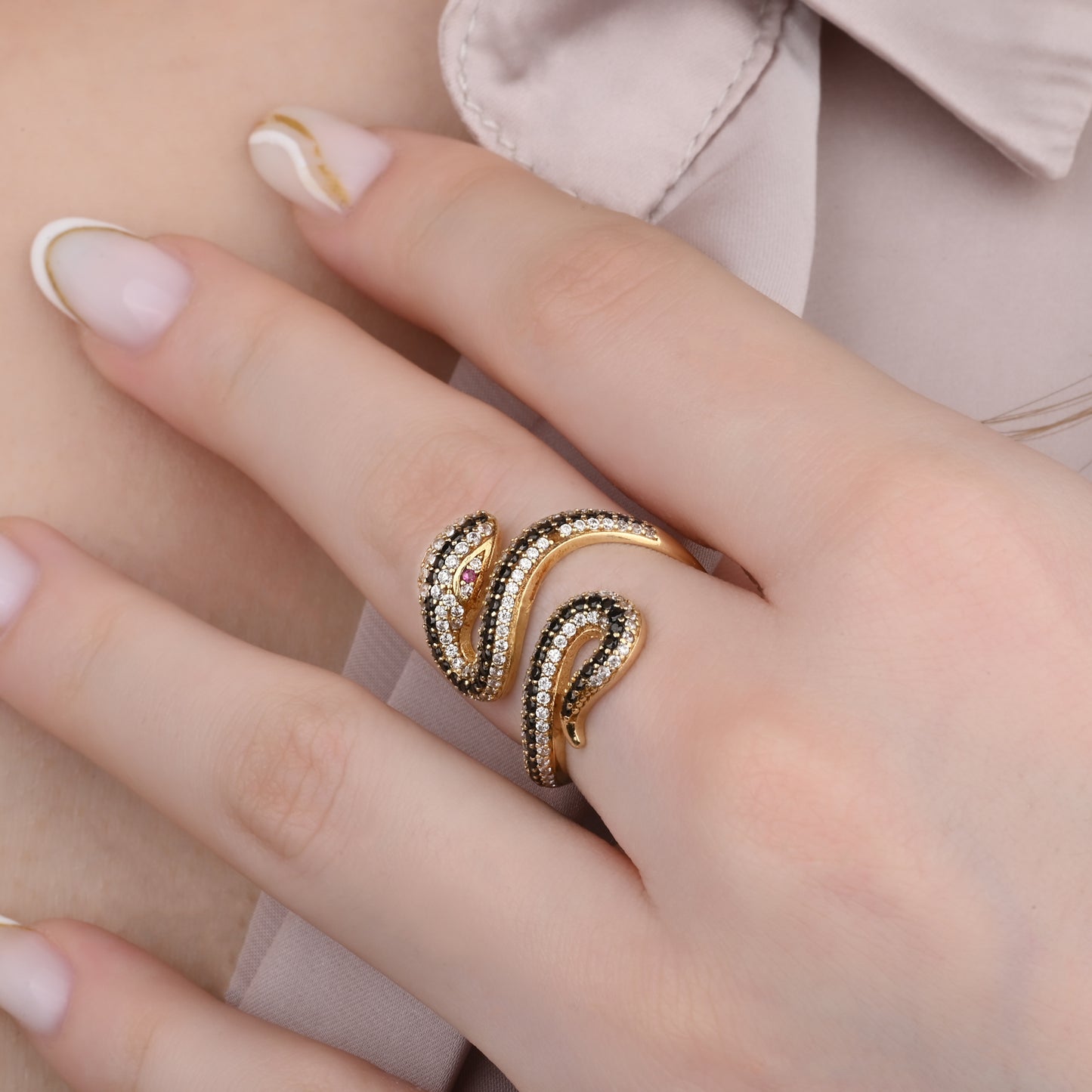 Serpentine Snake Pave CZ Ring in 14K Gold