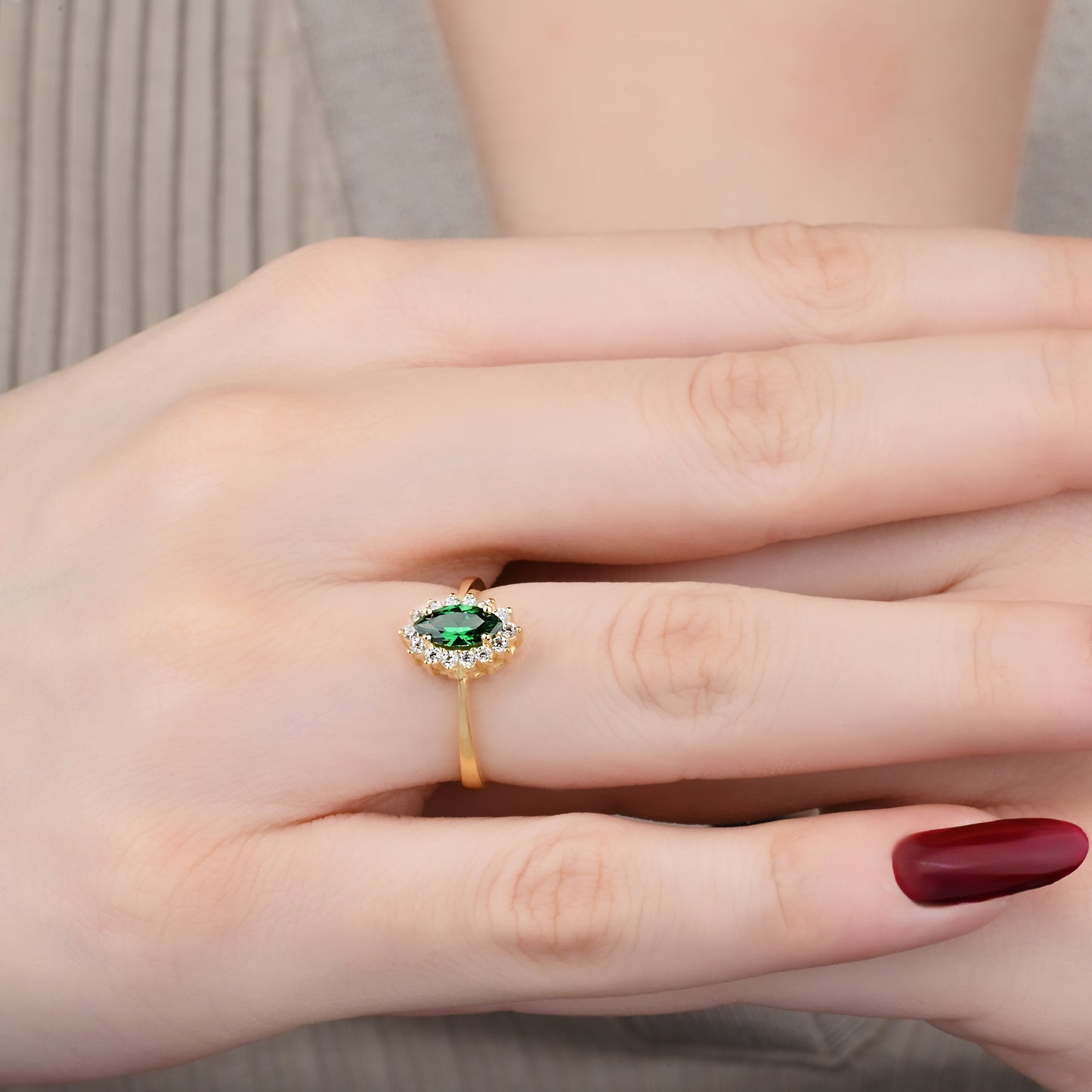 Marquise Emerald Halo CZ Ring in 14K Gold
