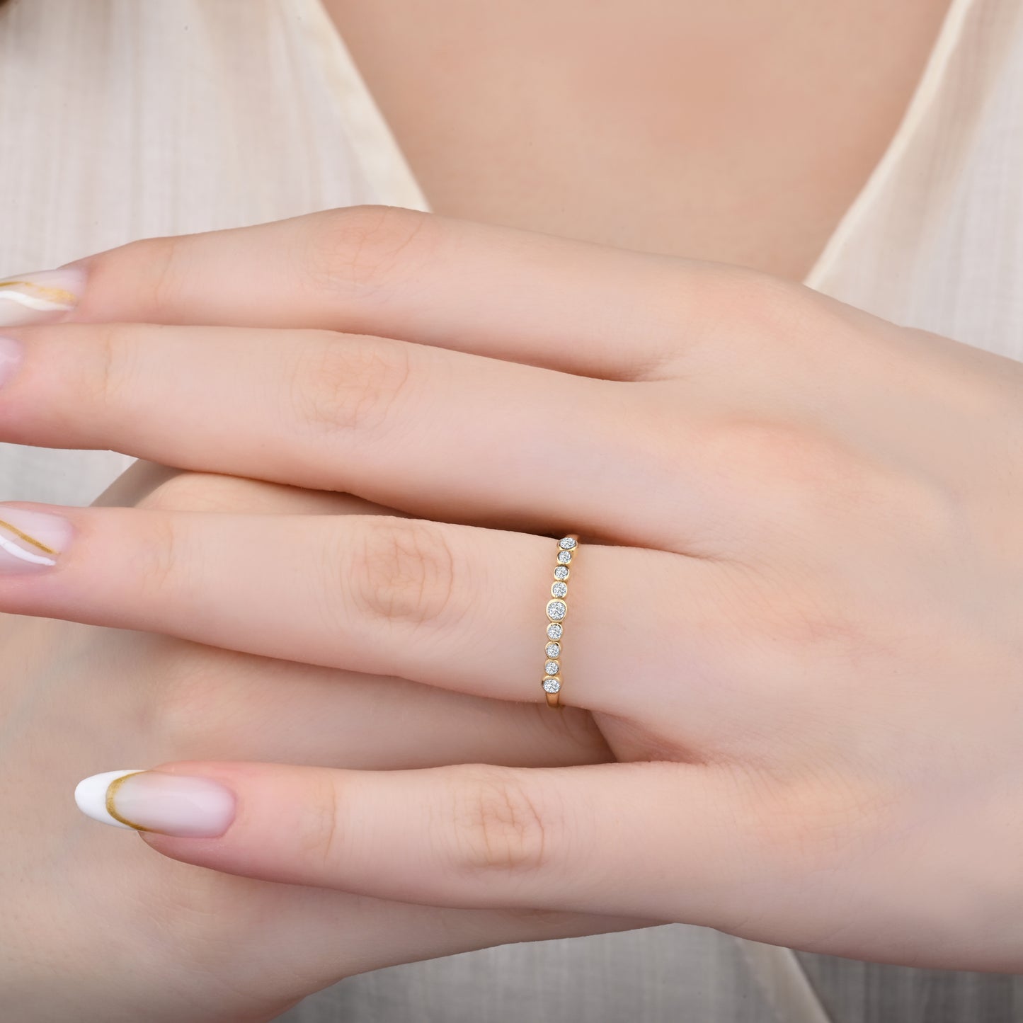 Half CZ Band Ring in 14K Gold