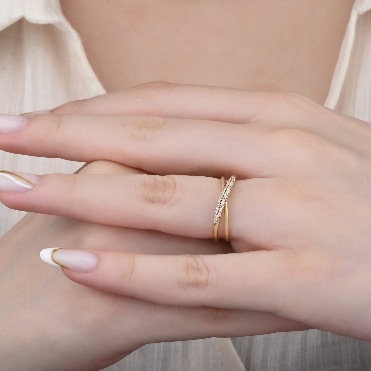Pave-Set CZ Twisted Band Ring in 14K Gold