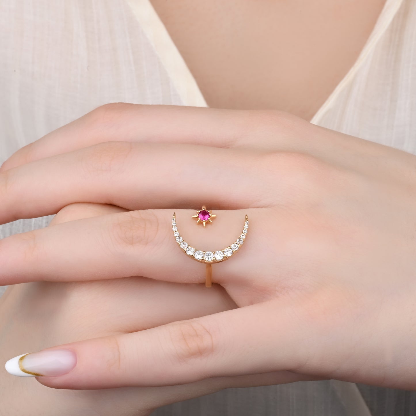 Crescent Ruby Accent CZ Ring in 14K Gold