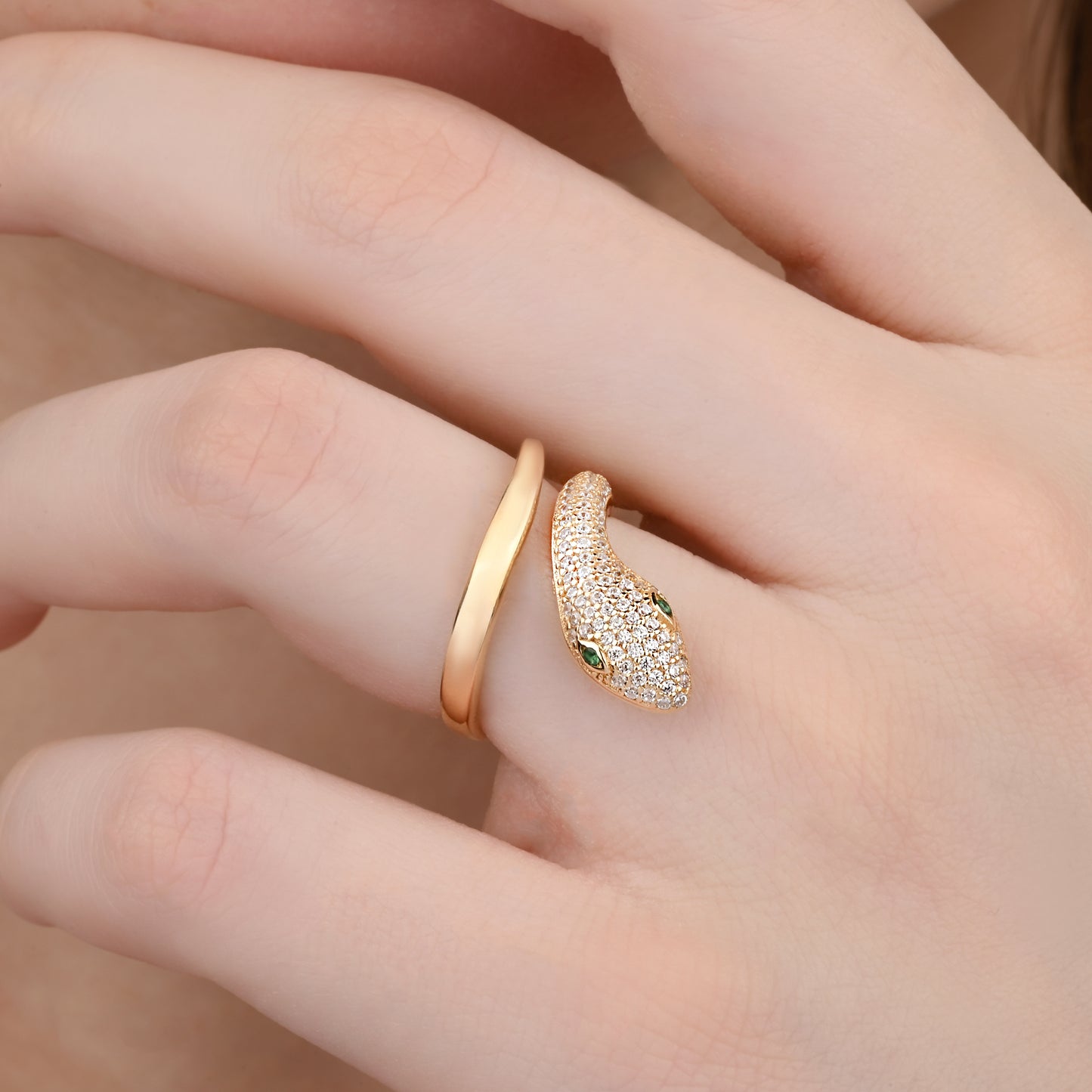 14K Yellow Gold Pave Zirconia Snake Ring with Emerald Eyes