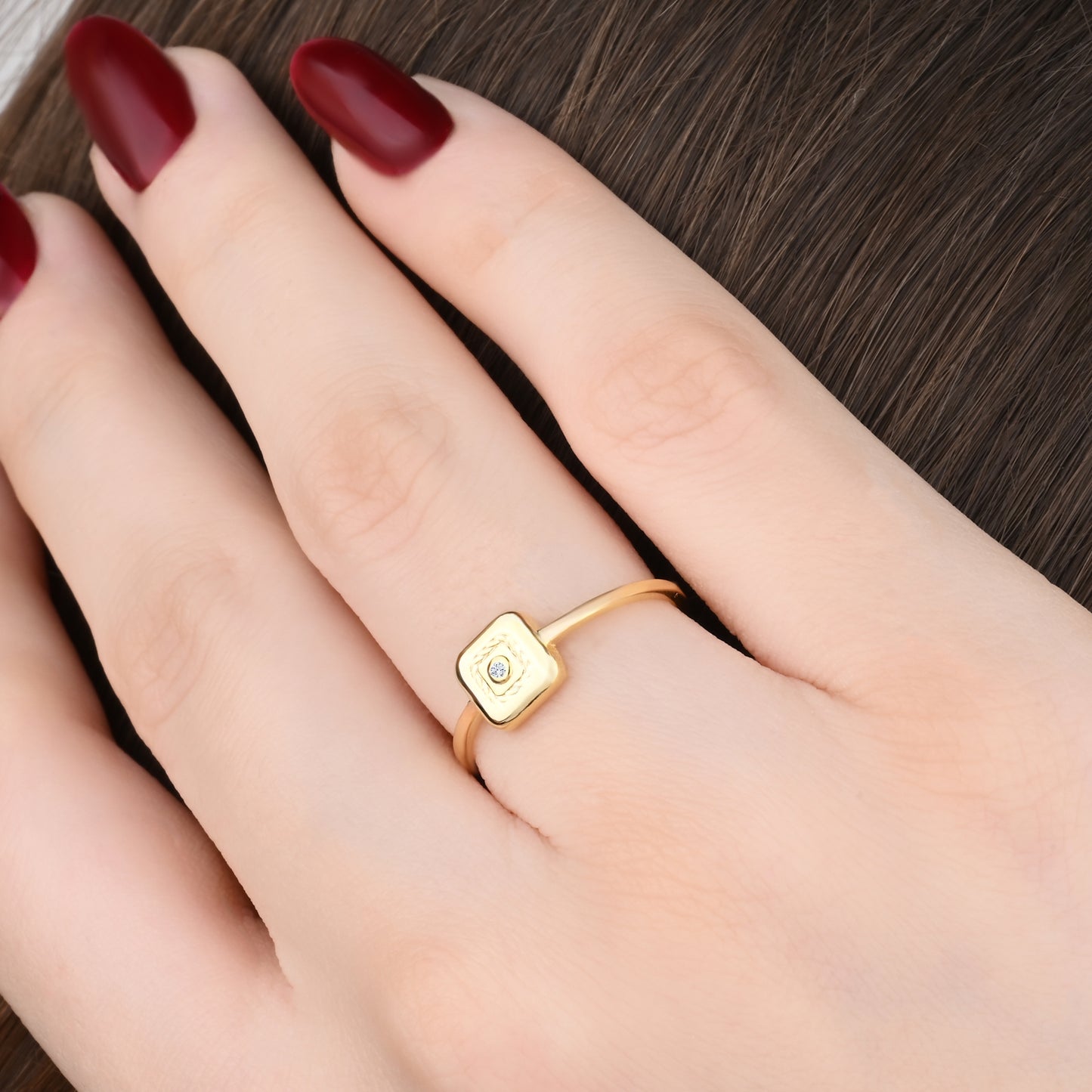 14K Yellow Gold Square Cubic Zirconia Accent Signet Ring