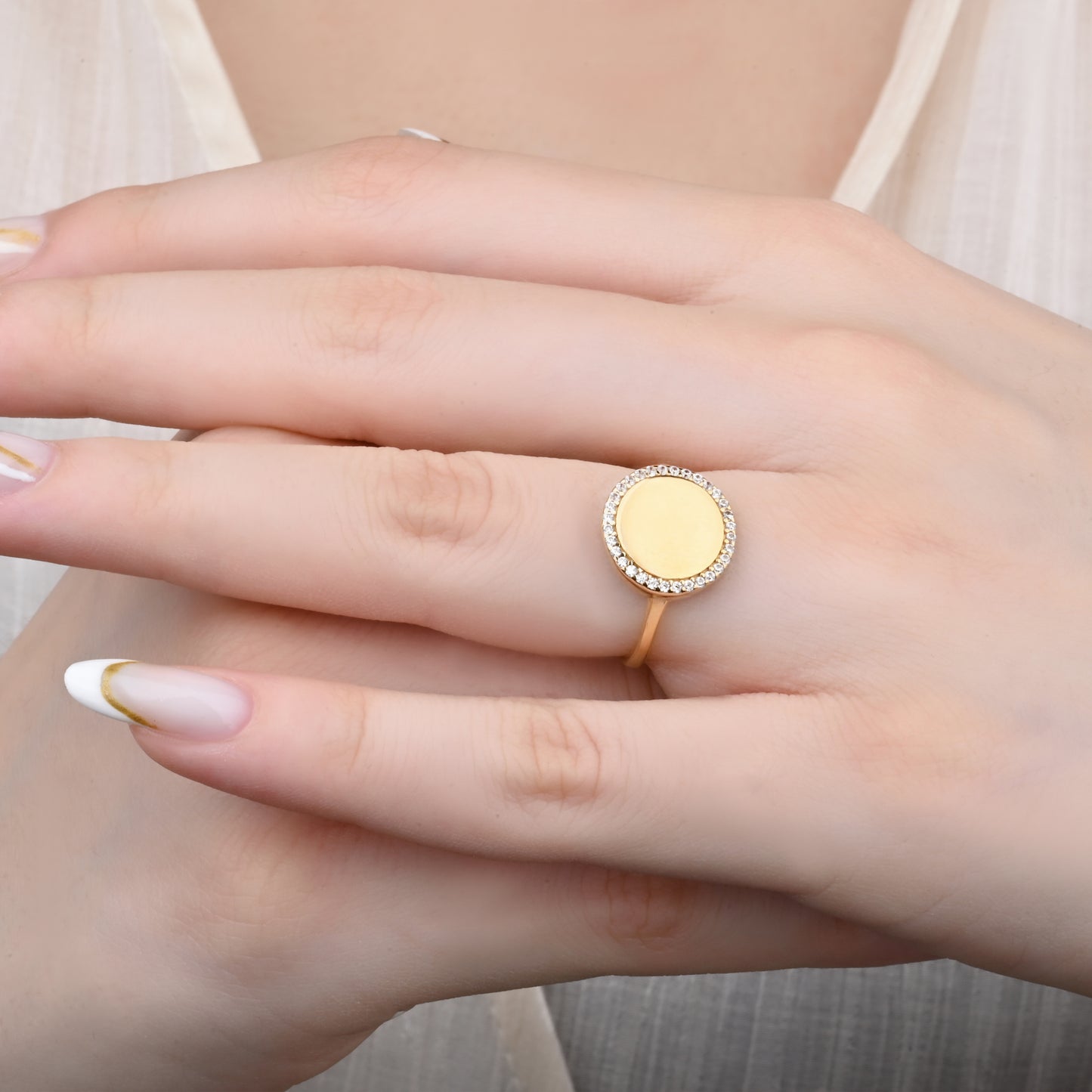 14K Yellow Gold Zirconia Halo Signet Ring
