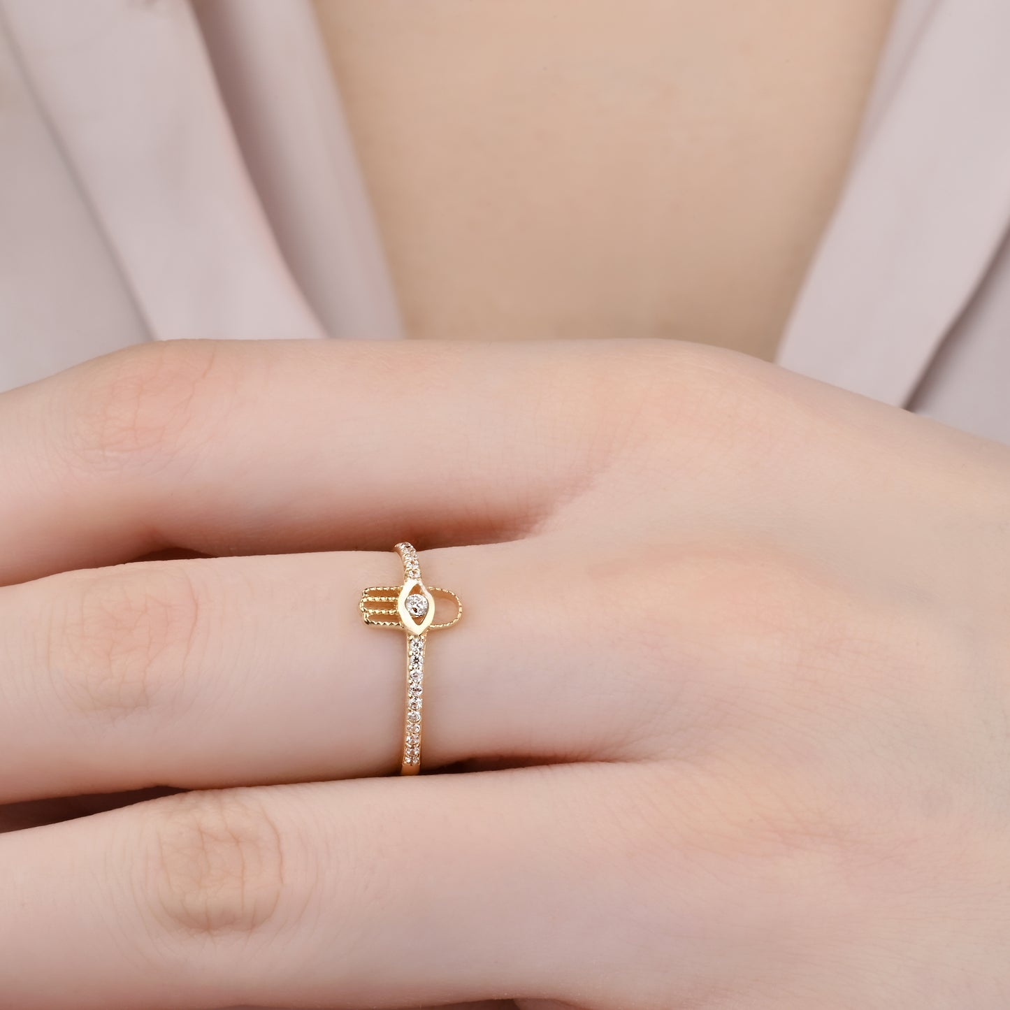 Hamsa Pave CZ 14K Gold Ring