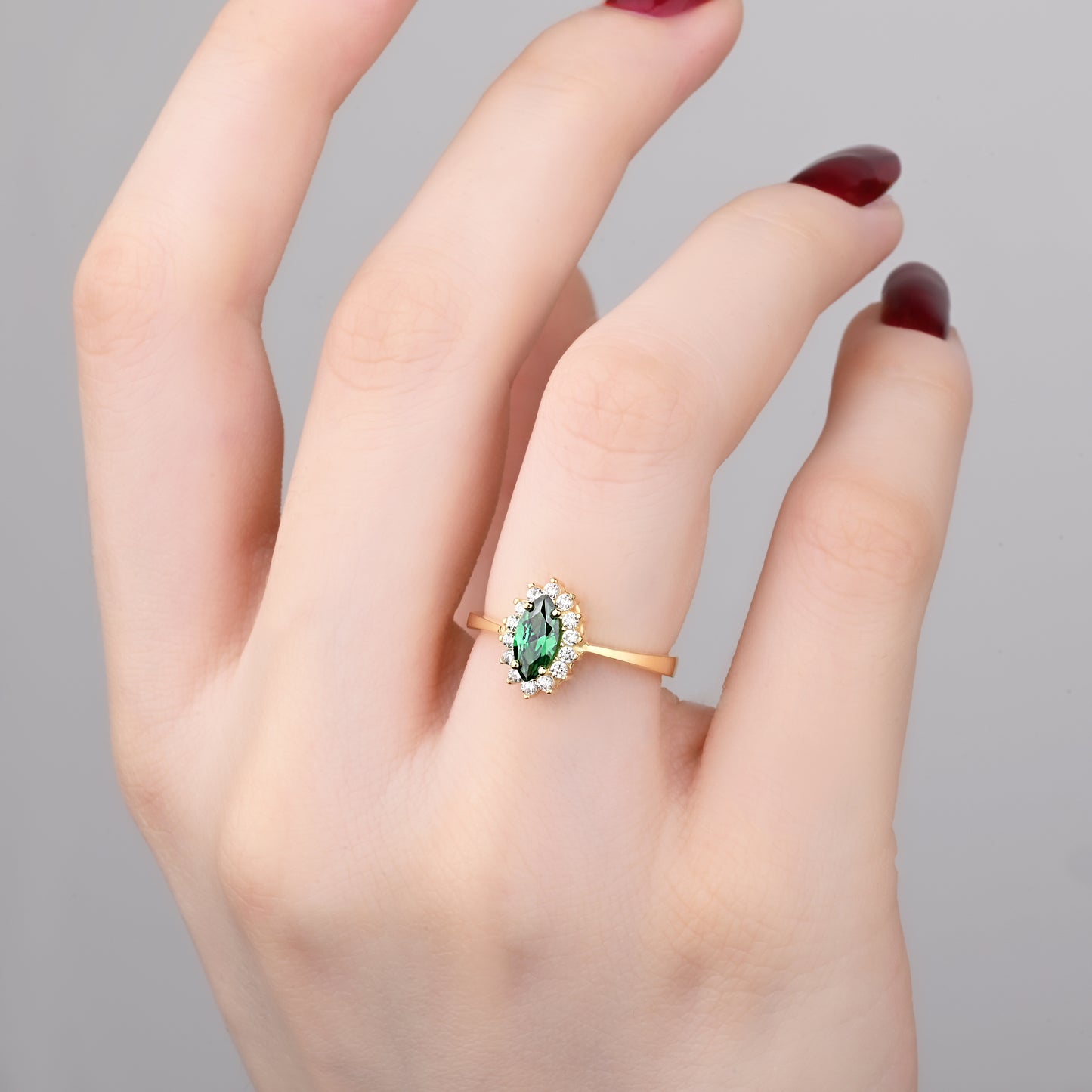 Marquise Emerald Halo CZ Ring in 14K Gold