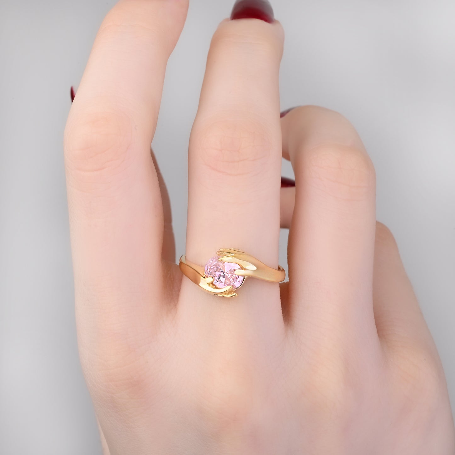 Solitaire Pink Tourmaline Hand Ring in 14K Gold