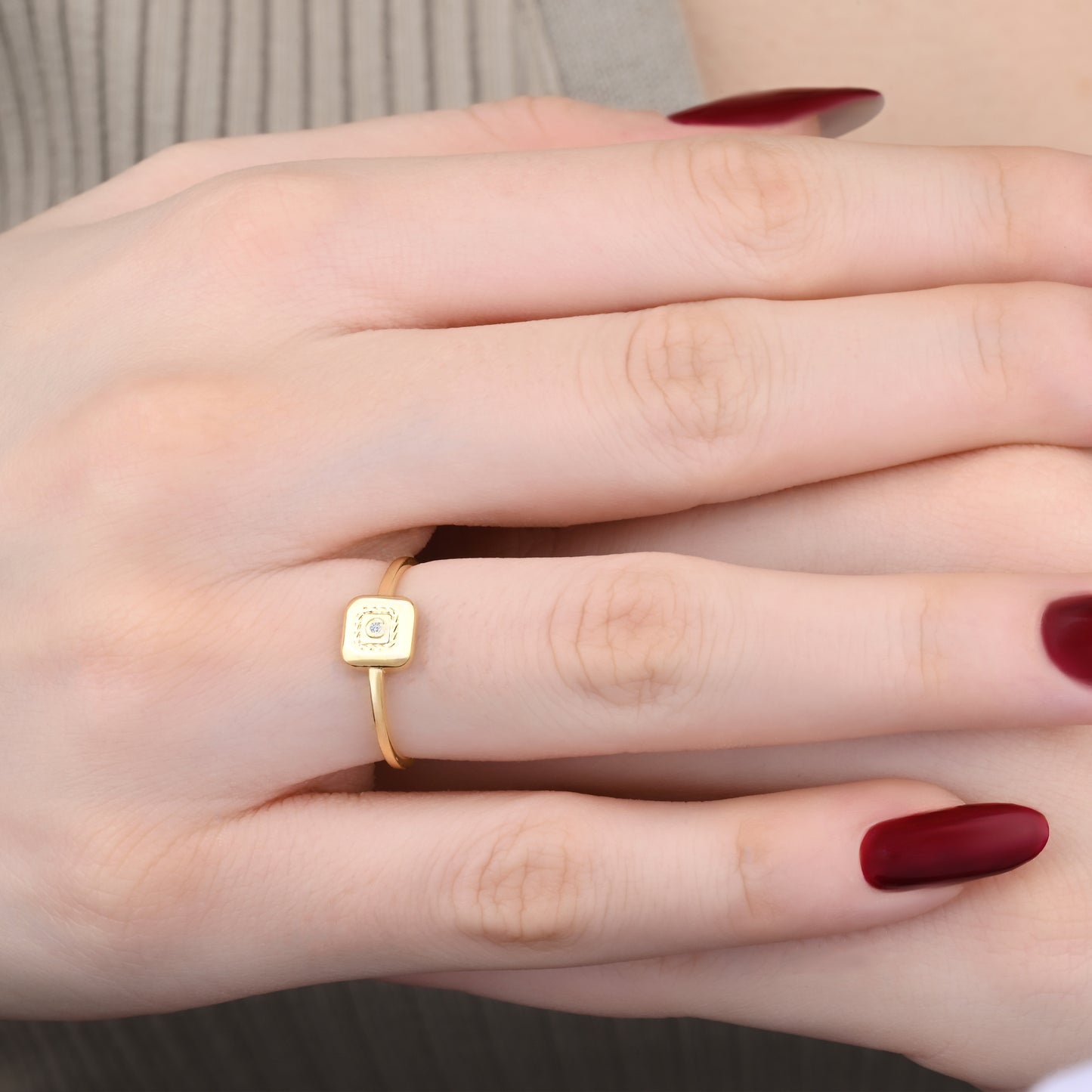 14K Yellow Gold Square Cubic Zirconia Accent Signet Ring