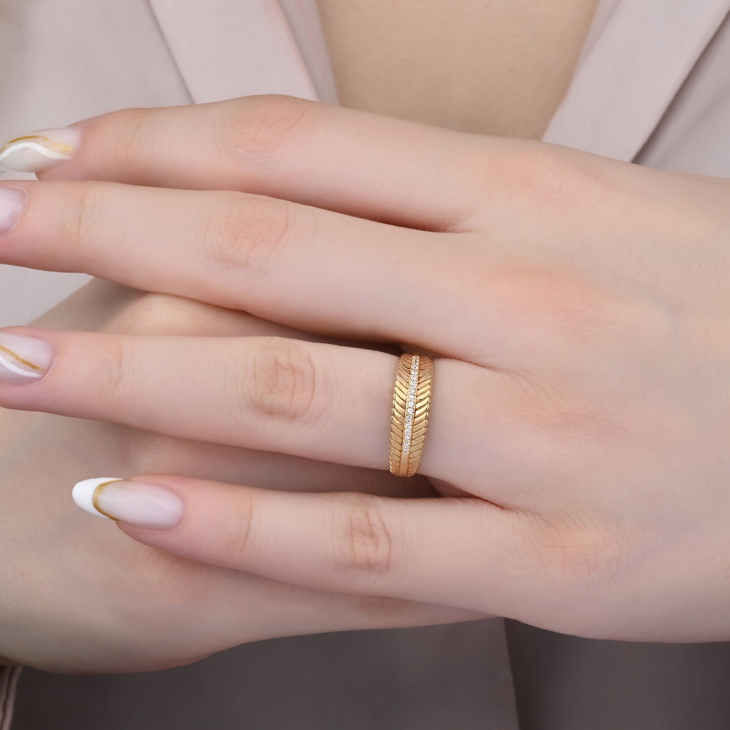 Textured Band CZ Ring in 14K Gold
