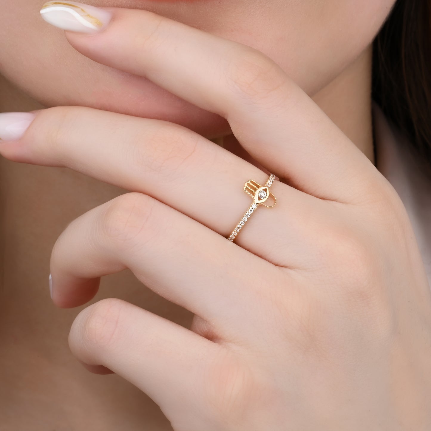 Hamsa Pave CZ 14K Gold Ring