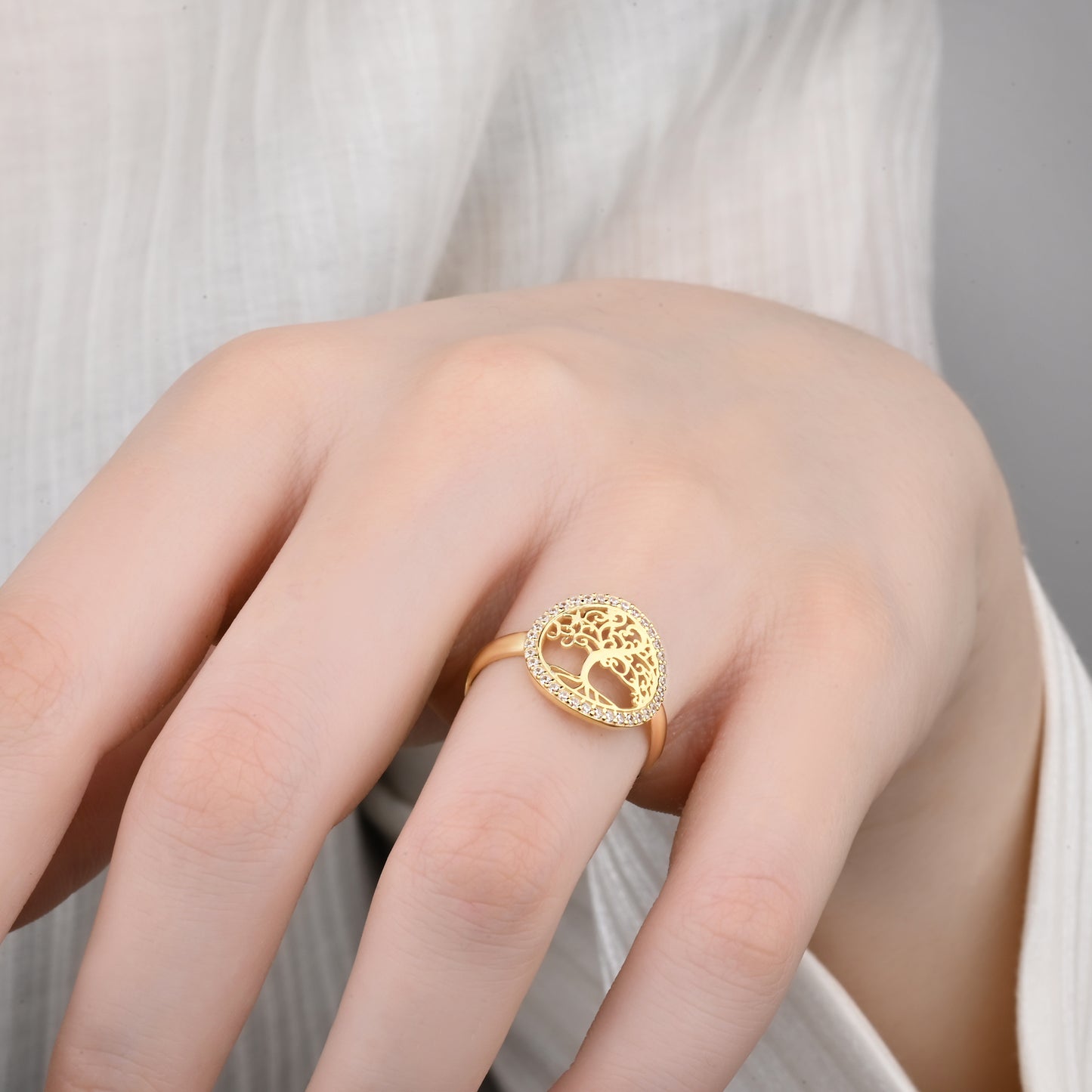 Tree of Life CZ-Encrusted 14K Gold Ring