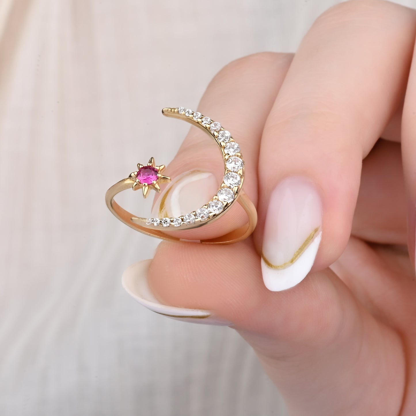 Crescent Ruby Accent CZ Ring in 14K Gold