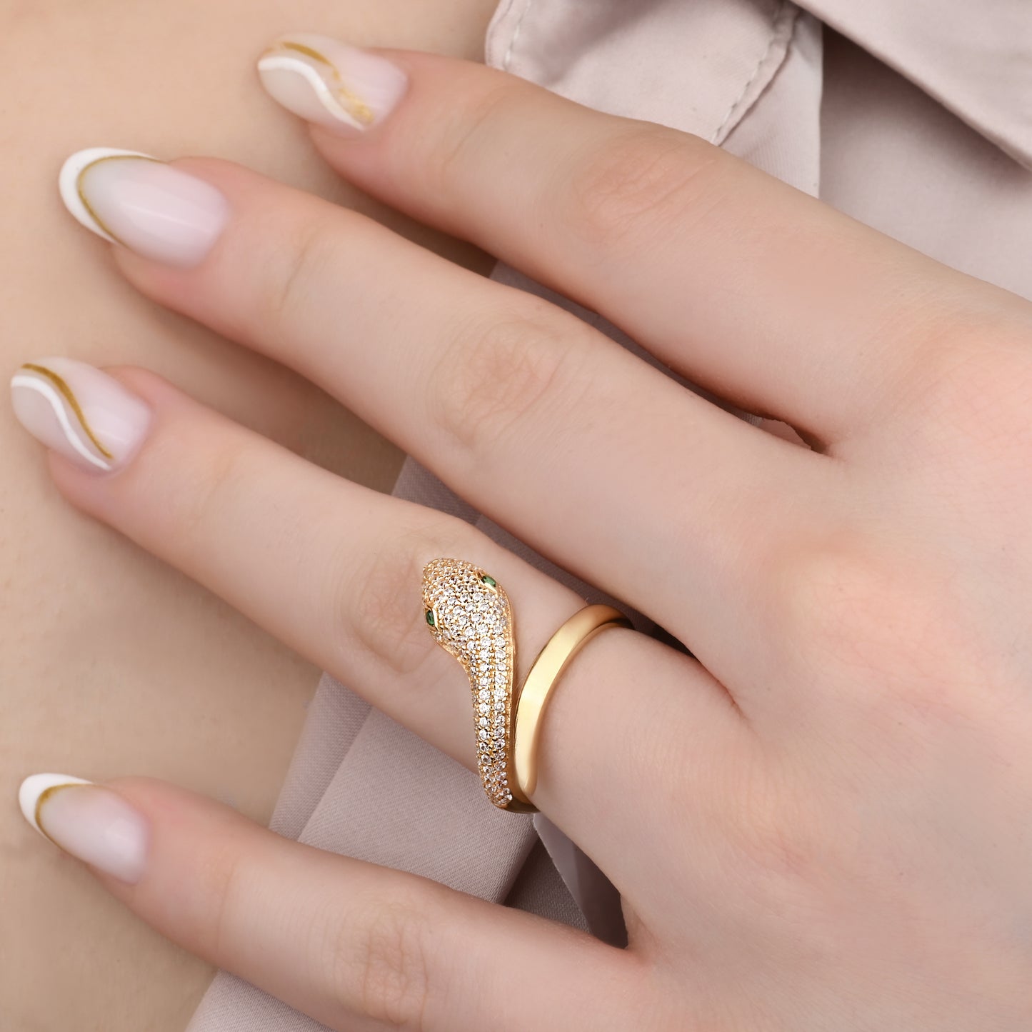 14K Yellow Gold Pave Zirconia Snake Ring with Emerald Eyes