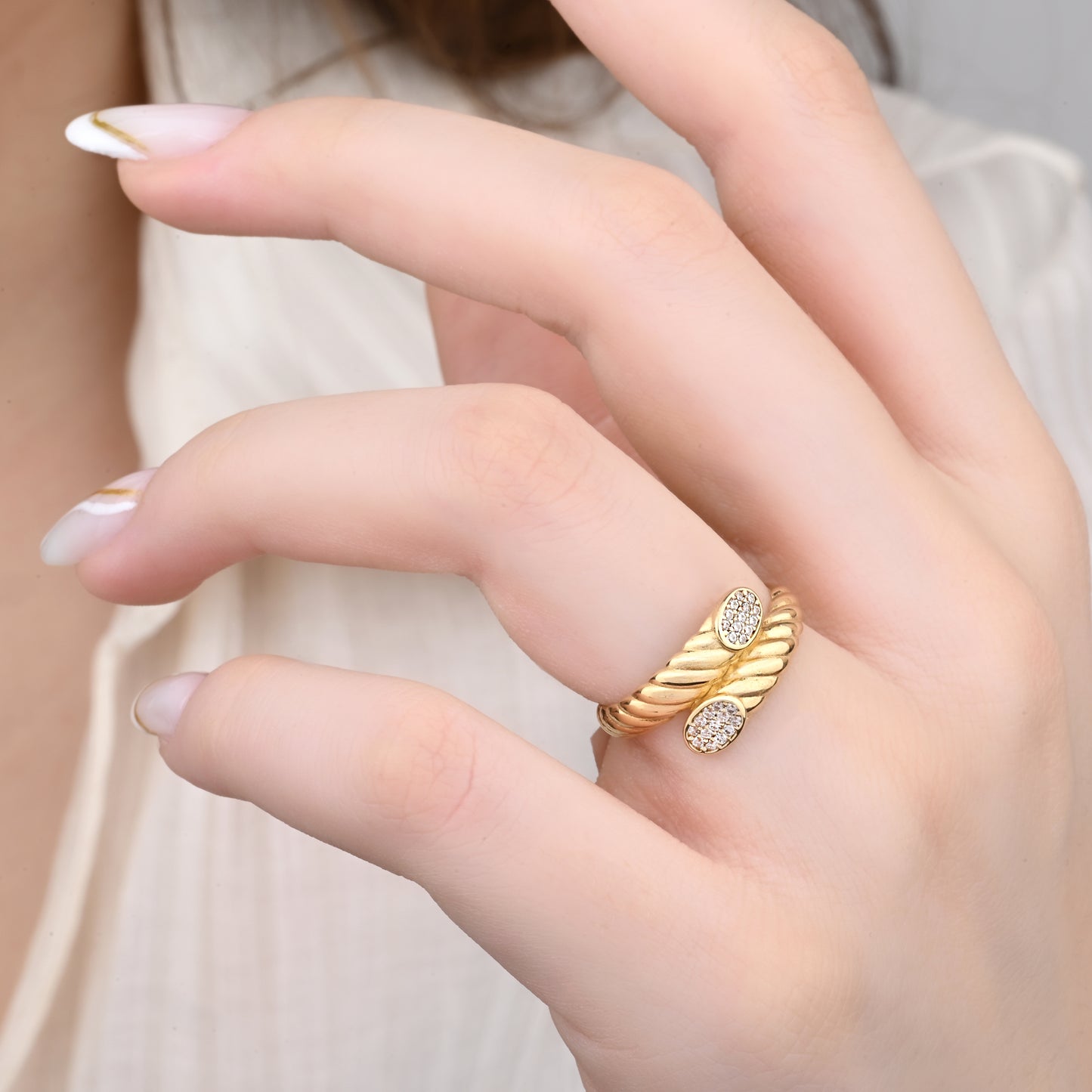 Twisted Pave CZ Grooved Ring in 14K Gold