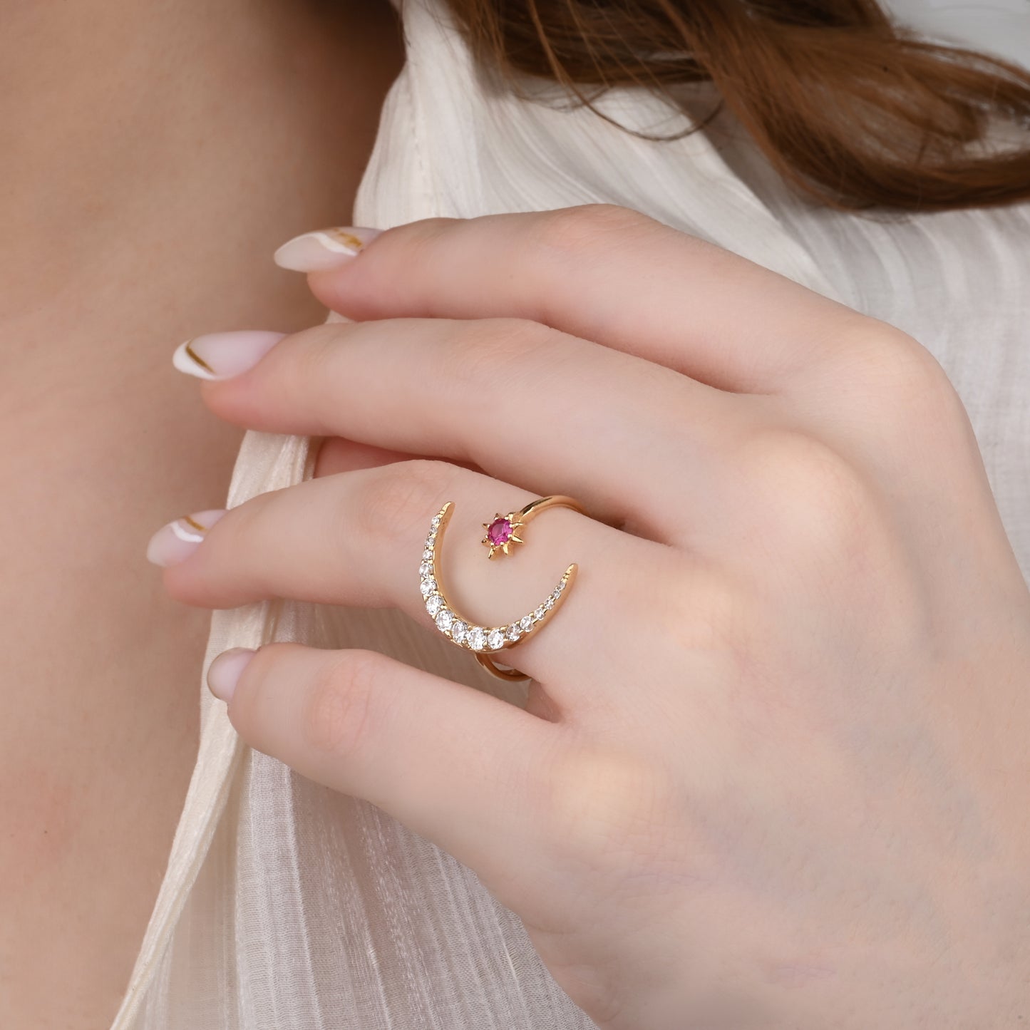 Crescent Ruby Accent CZ Ring in 14K Gold