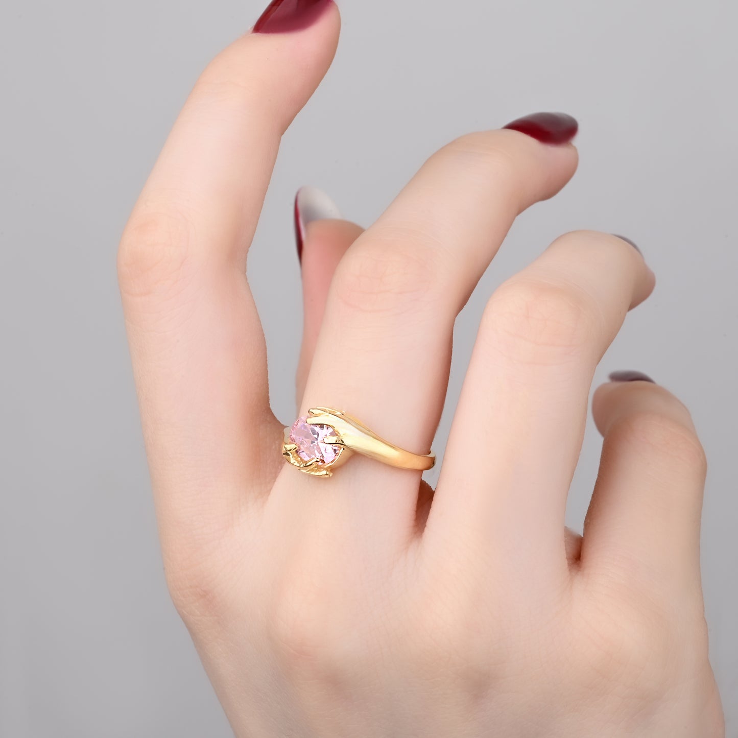 Solitaire Pink Tourmaline Hand Ring in 14K Gold
