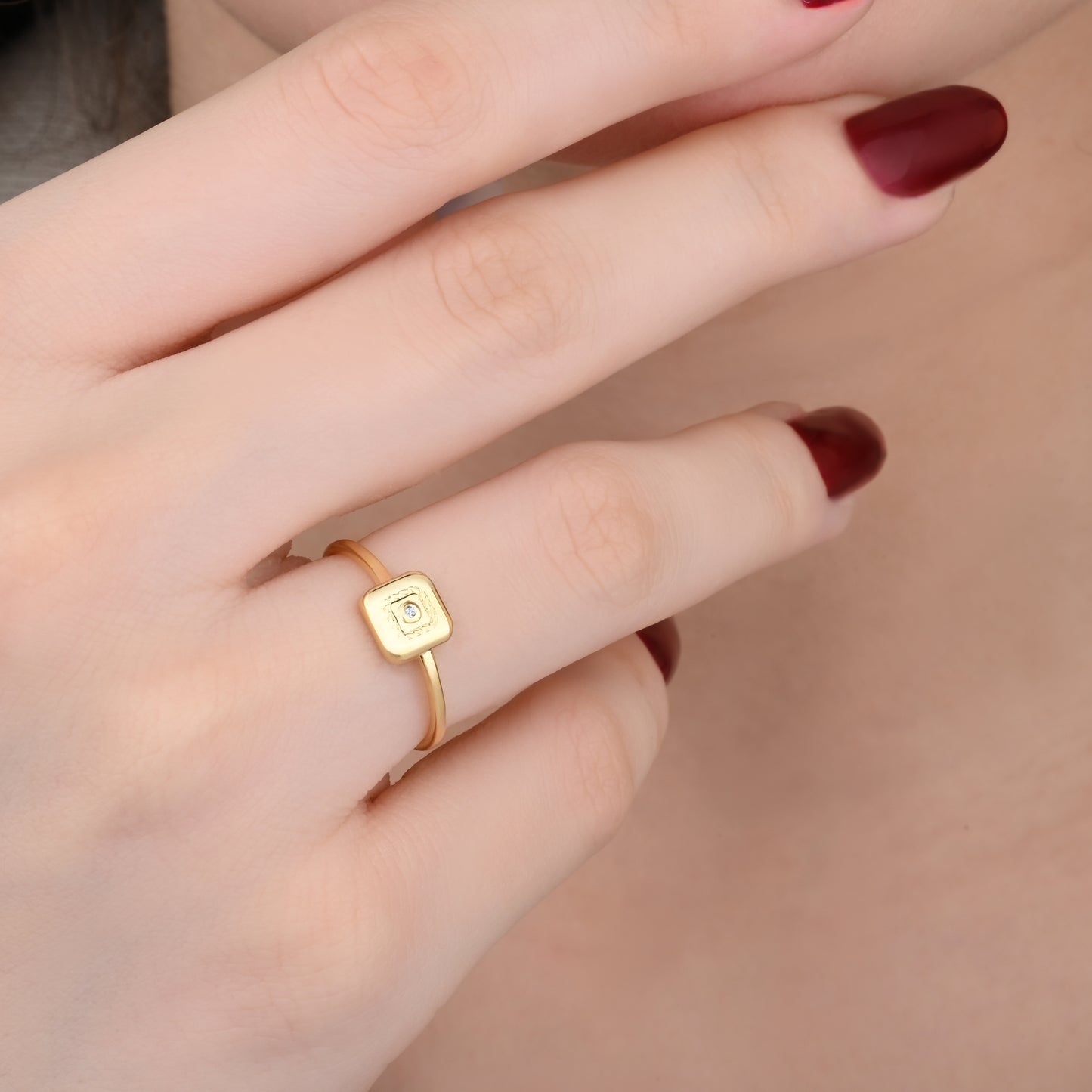 14K Yellow Gold Square Cubic Zirconia Accent Signet Ring