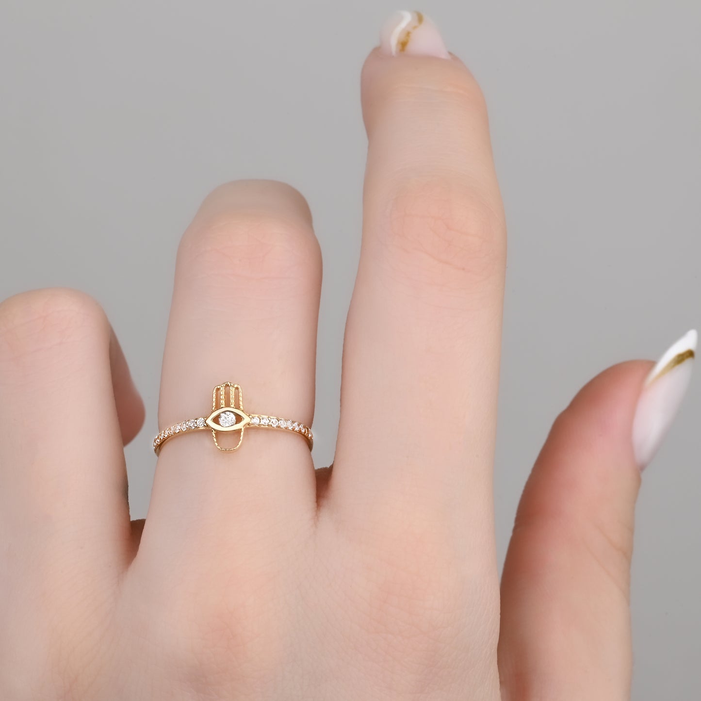 Hamsa Pave CZ 14K Gold Ring