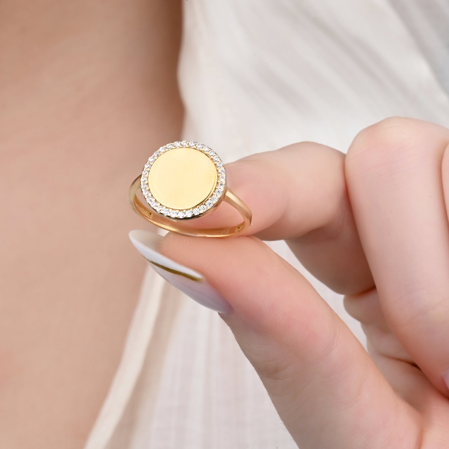 14K Yellow Gold Zirconia Halo Signet Ring