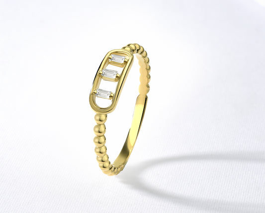 14K Yellow Gold Beaded Band Ring with Three Baguette Zirconia
