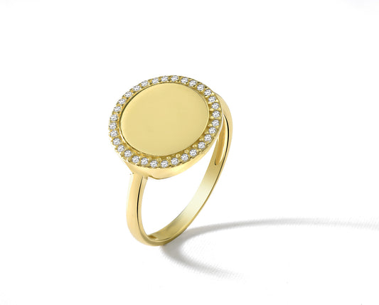 14K Yellow Gold Zirconia Halo Signet Ring