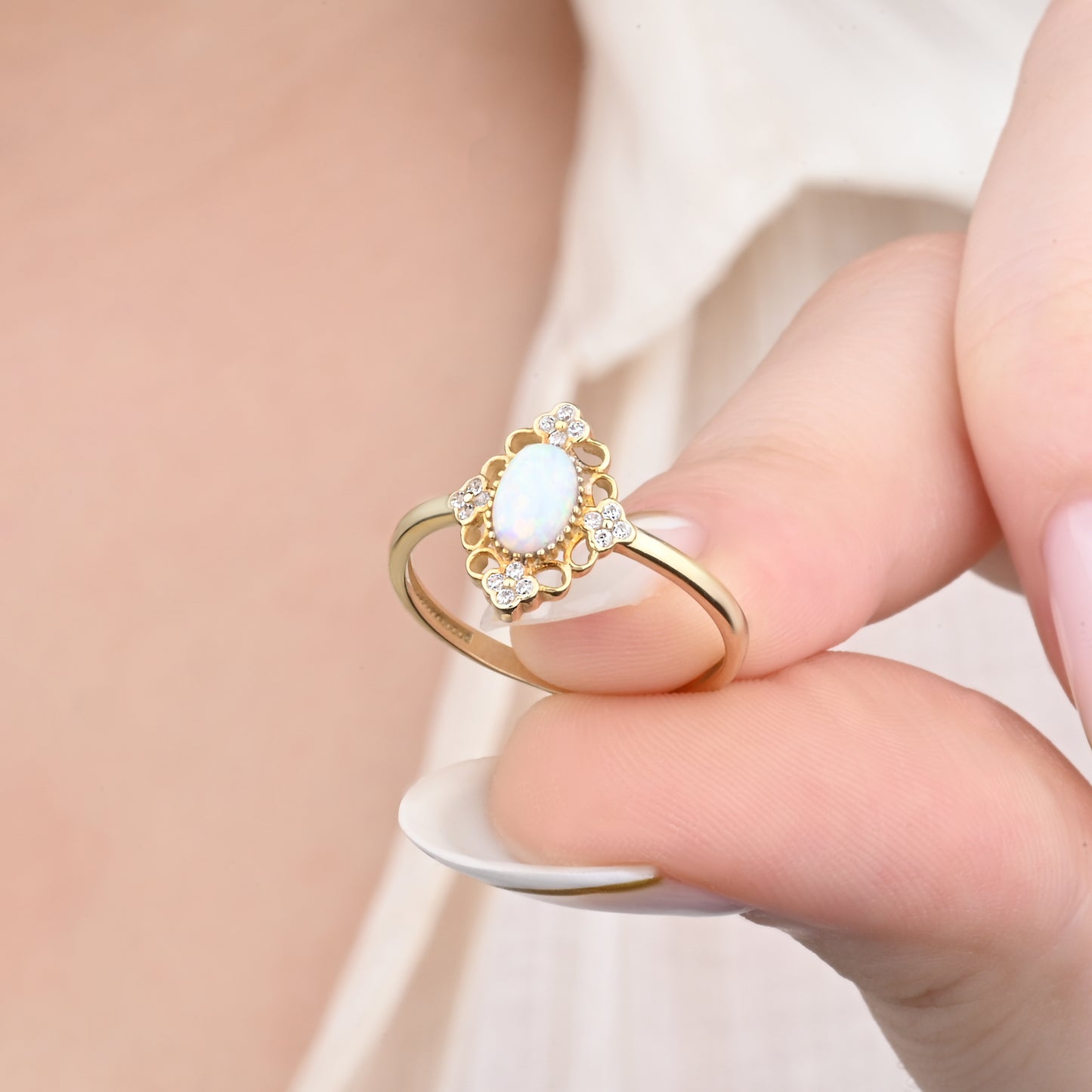 CZ Opal Halo Accent Ring in 14K Gold