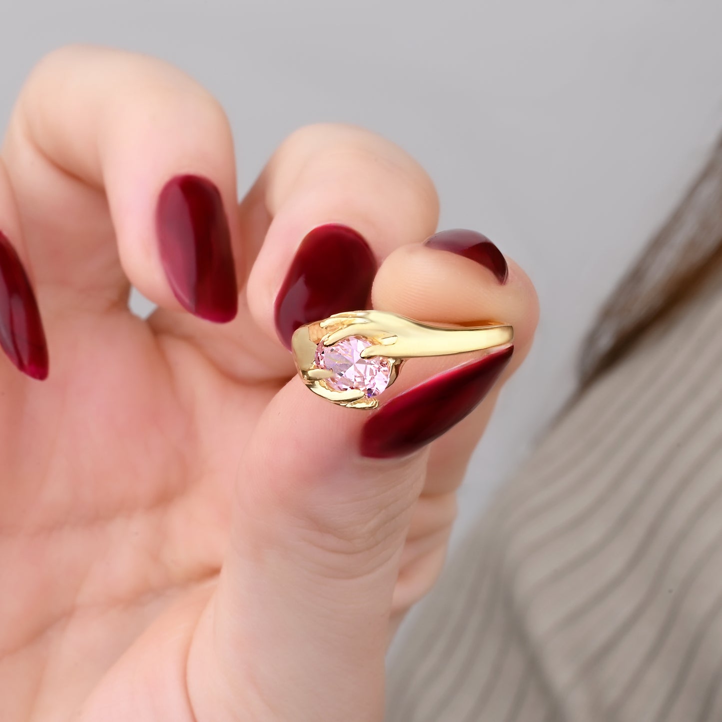 Solitaire Pink Tourmaline Hand Ring in 14K Gold