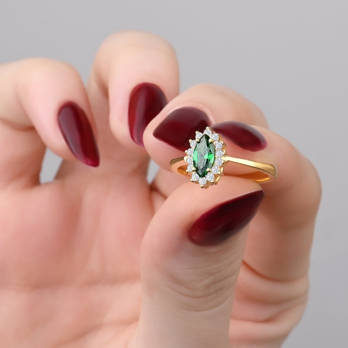 Marquise Emerald Halo CZ Ring in 14K Gold