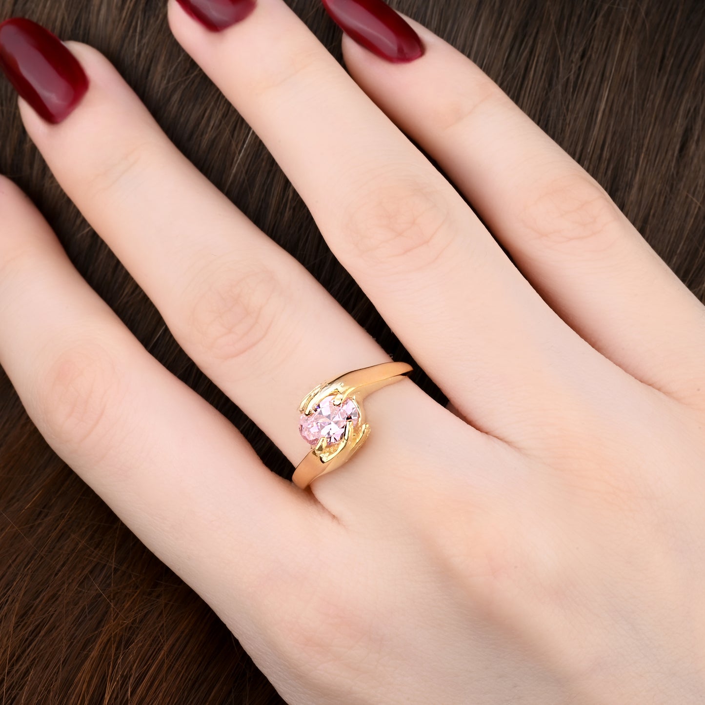 Solitaire Pink Tourmaline Hand Ring in 14K Gold