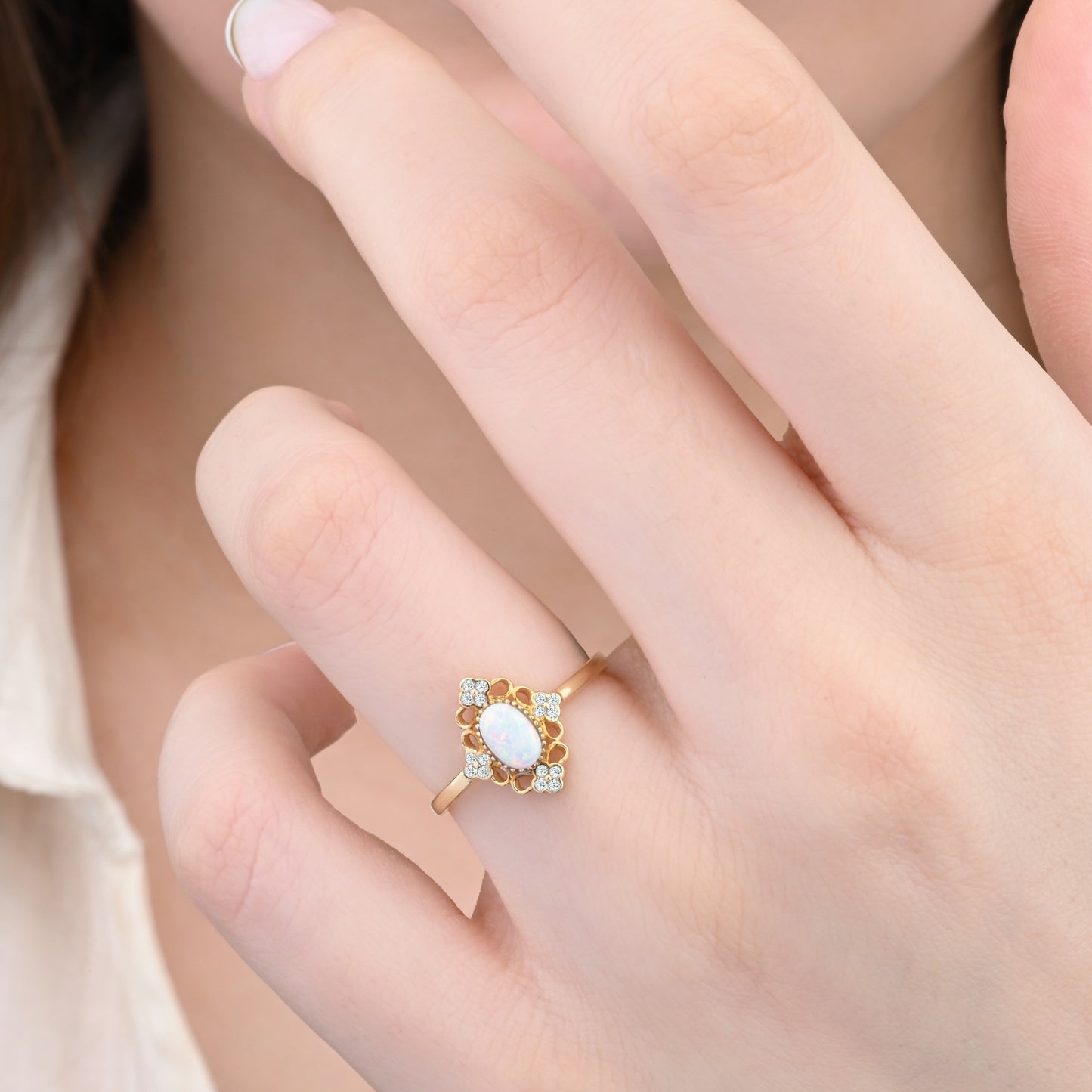 CZ Opal Halo Accent Ring in 14K Gold