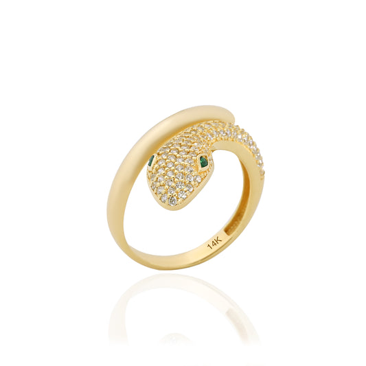 14K Yellow Gold Pave Zirconia Snake Ring with Emerald Eyes