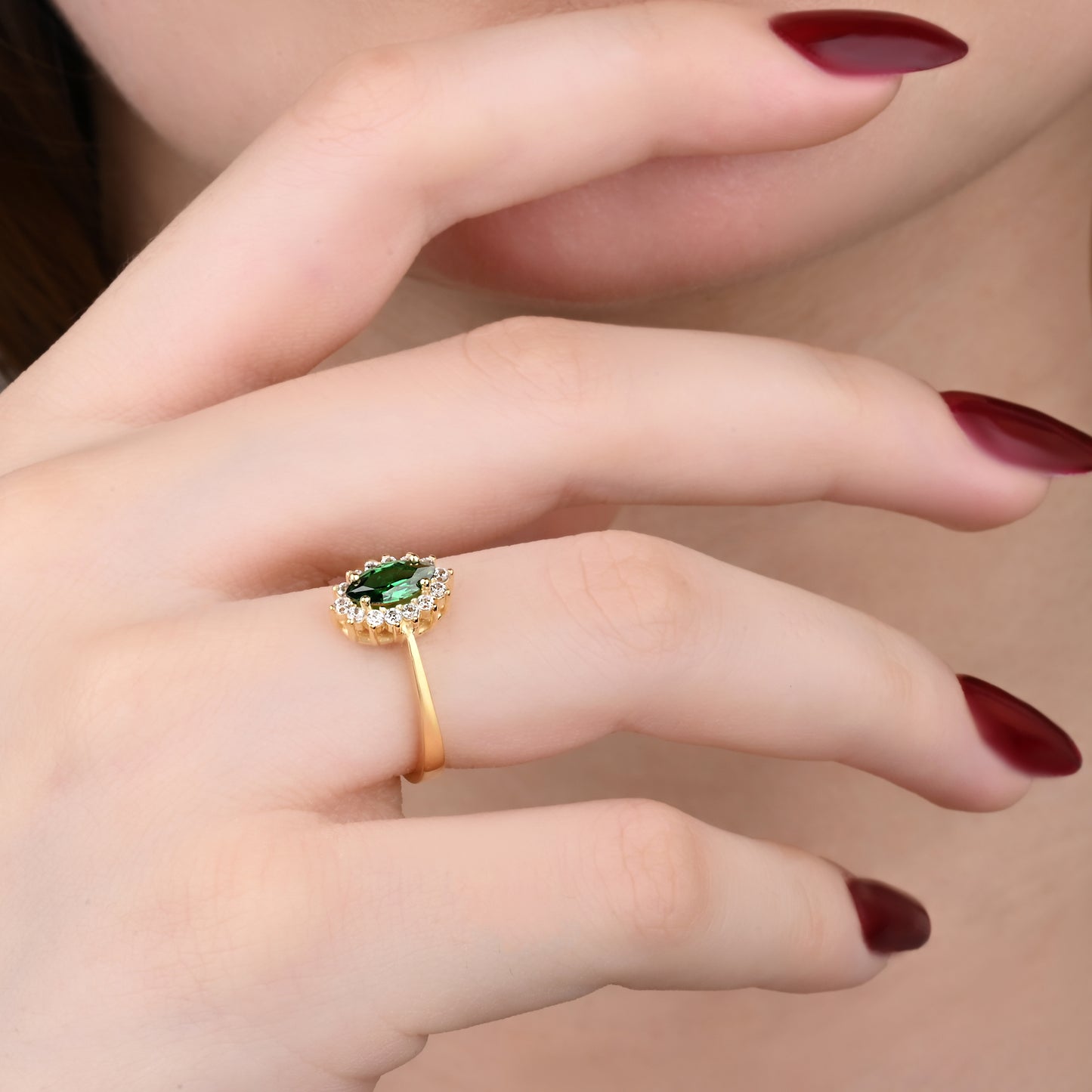Marquise Emerald Halo CZ Ring in 14K Gold
