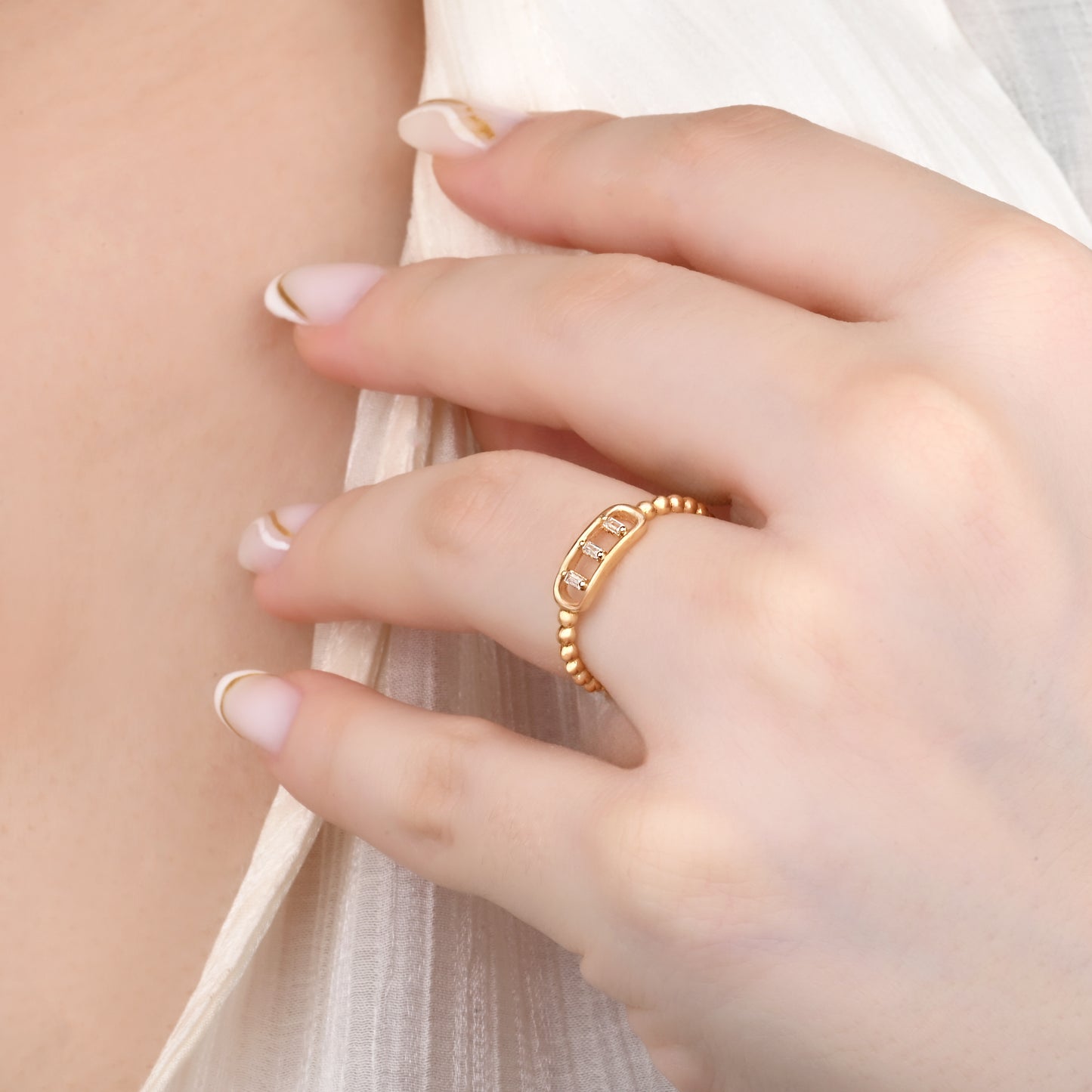14K Yellow Gold Beaded Band Ring with Three Baguette Zirconia