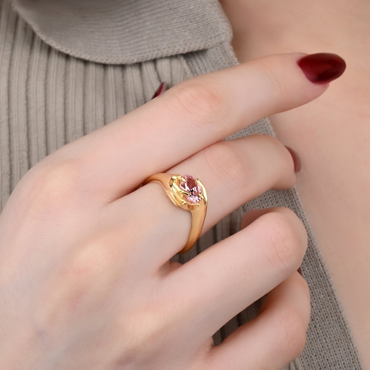 Solitaire Pink Tourmaline Hand Ring in 14K Gold