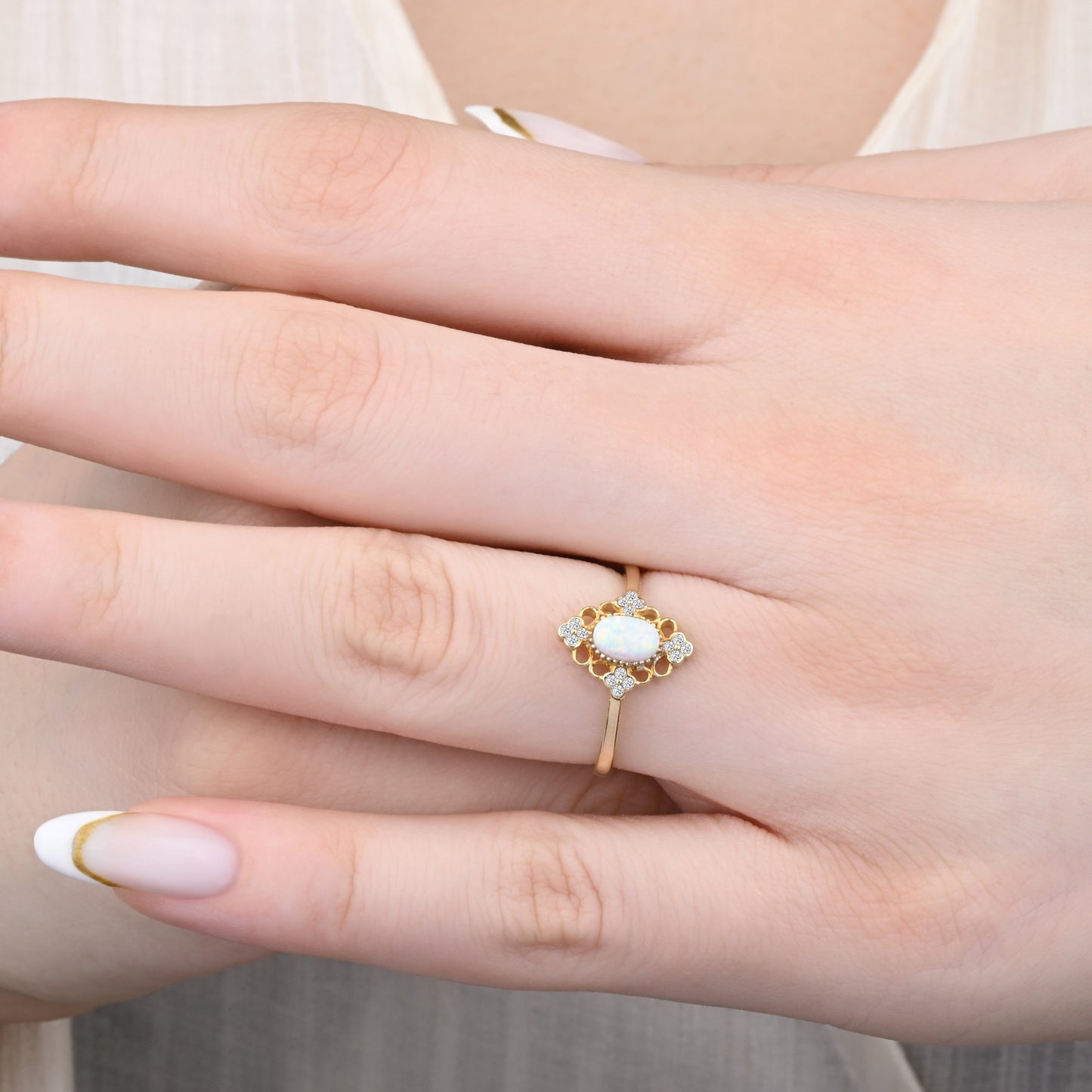 CZ Opal Halo Accent Ring in 14K Gold