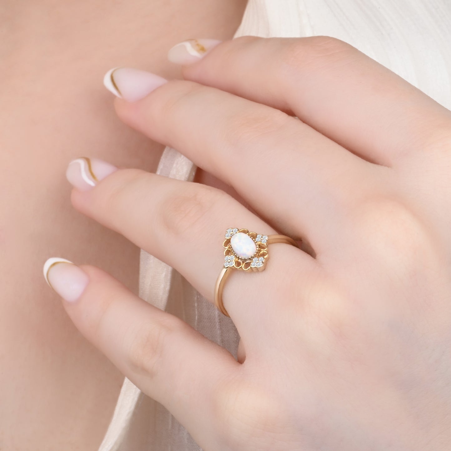 CZ Opal Halo Accent Ring in 14K Gold