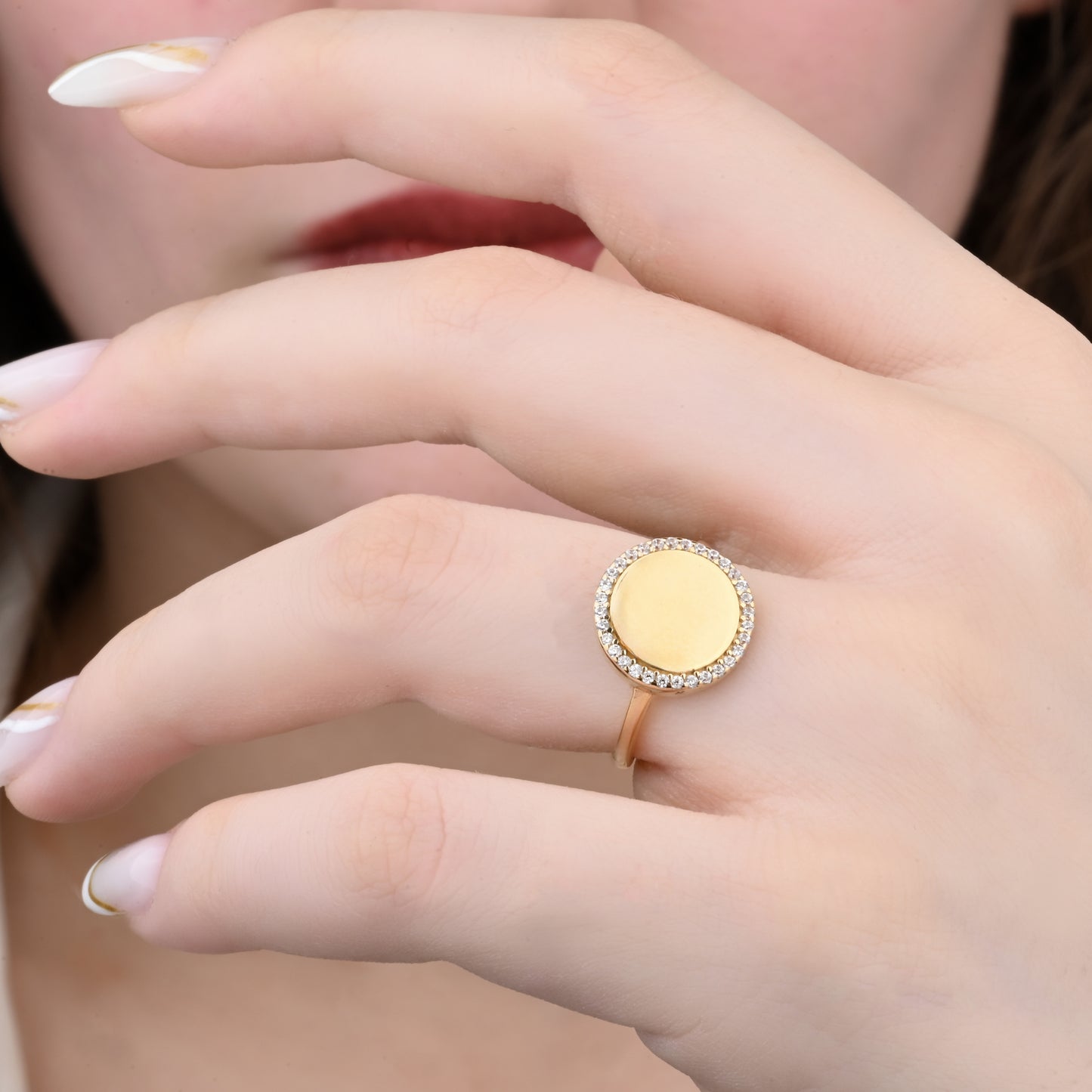 14K Yellow Gold Zirconia Halo Signet Ring